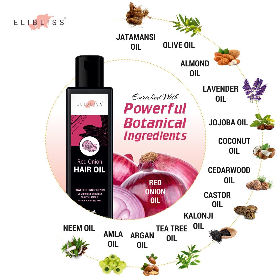 ELIBLISS Red Onion Hair Oil - Promotes Growth & Reduces Hair Fall (100ml) for Silky Hair at Home & Salon