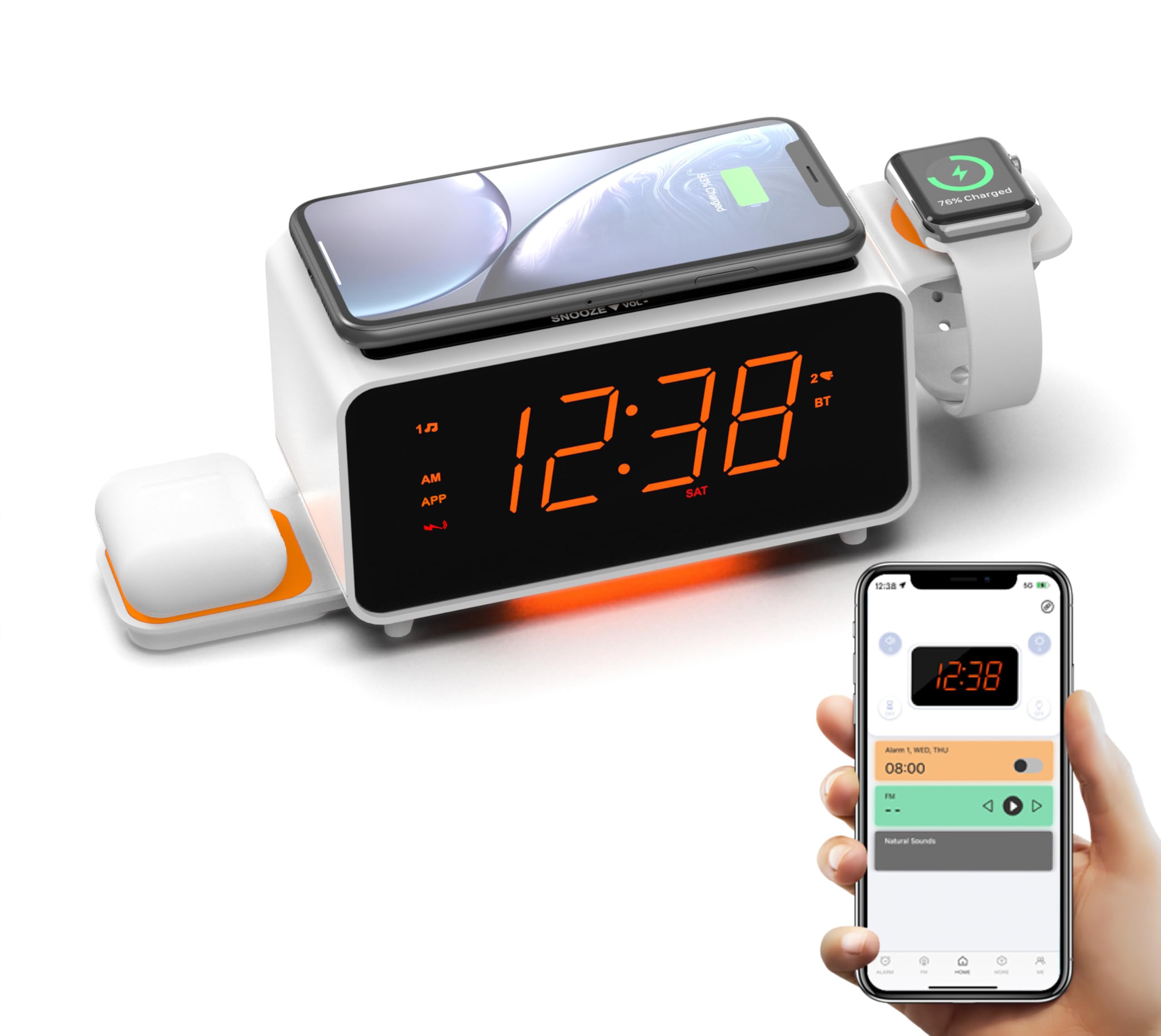 Wireless Dual Charging Alarm Clock with Bluetooth Speaker, FM Radio, 2 USB Ports, Dual Alarm, Night Light, Dimmer Control & 1.4