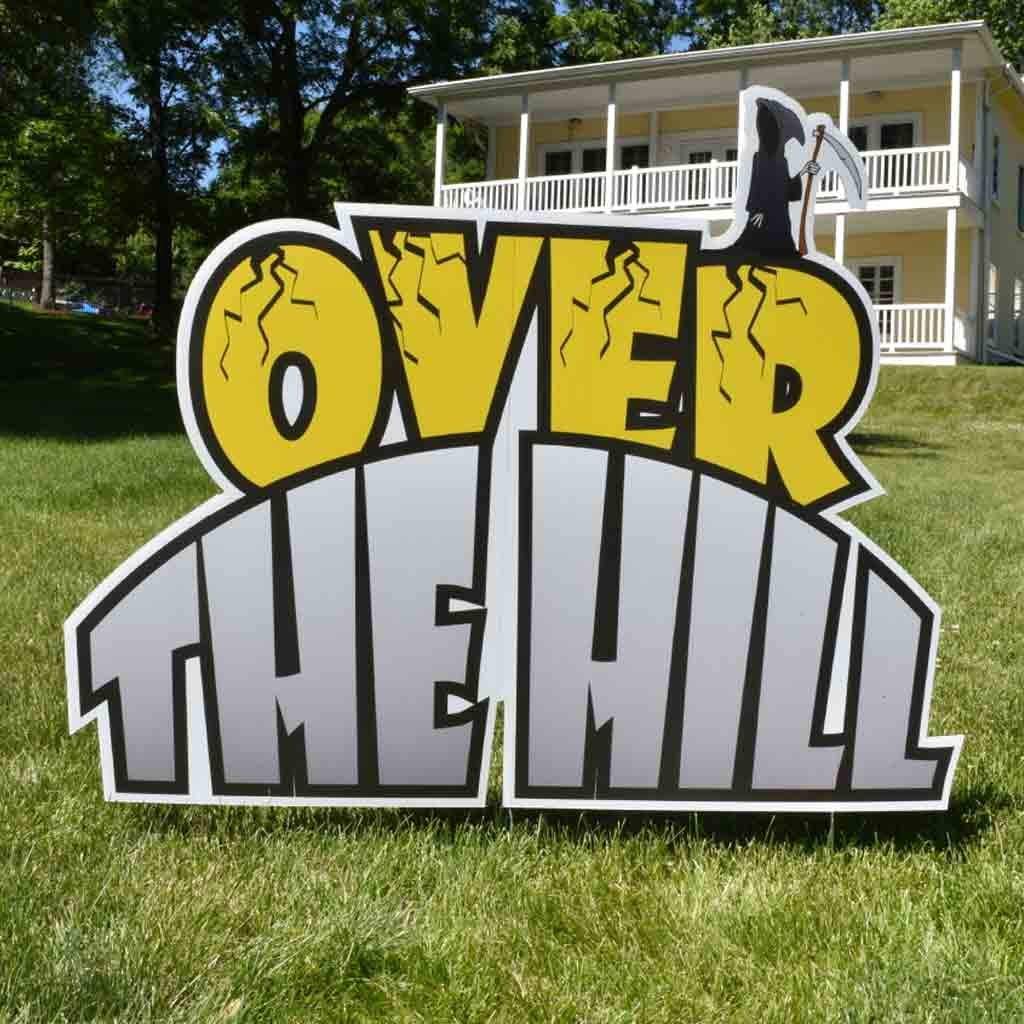 VictoryStore Over The Hill Birthday Yard Decorations - Funny Tombstone Yard Signs with 2 EZ Stakes & 16 Short Stakes (12469) - Perfect for 40th/50th Birthday Parties & Retirement Celebrations