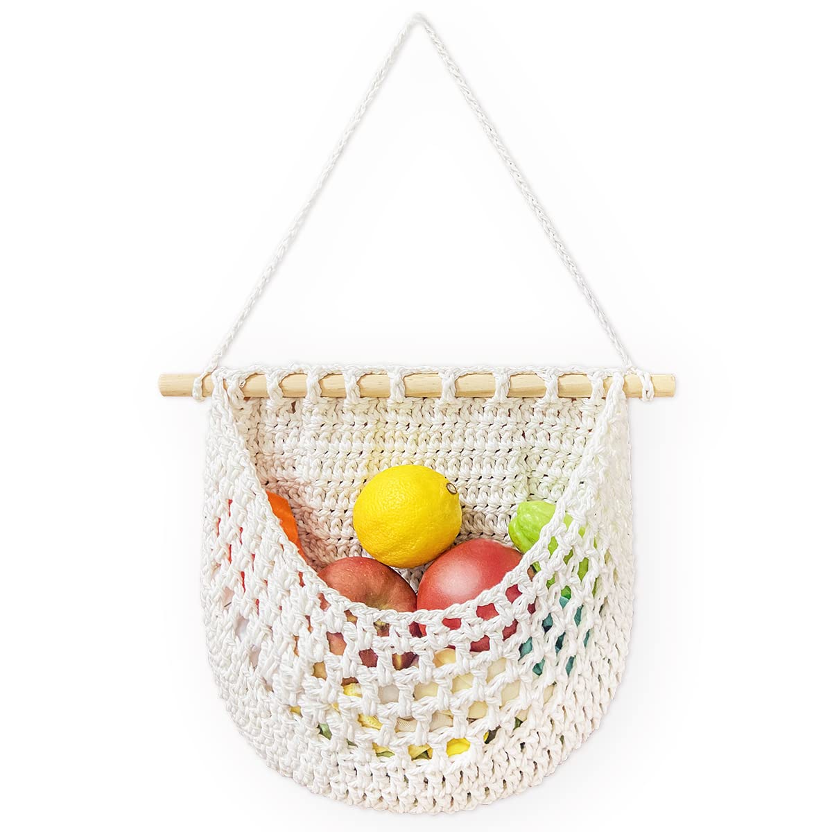 Handmade Boho Cotton Rope Hanging Fruit Basket - Wall Mounted Over Door Storage Organizer for RV, Kitchen, Bathroom - Woven Decorative Basket for Fruits, Keys, Small Items (White)