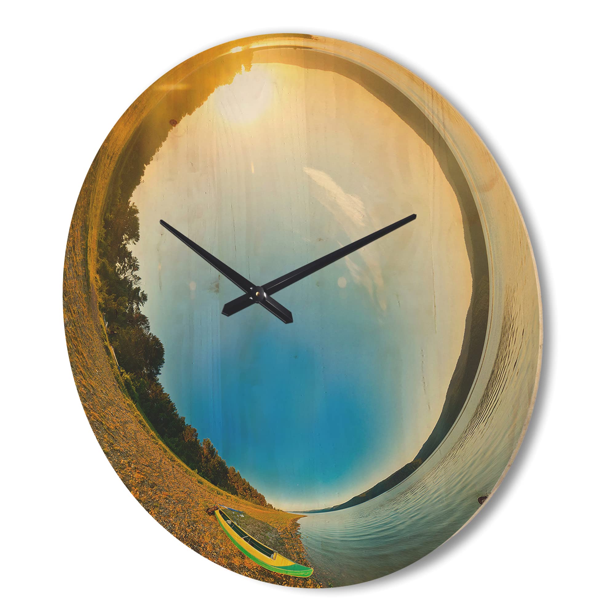 DesignQ 'Kayak at River Bank Little Planet' Modern Wood Wall Clock - Large Decorative Oversized Wooden Clock for Living Room, Bedroom & Office Décor - Perfect for Home, Office & Gifts