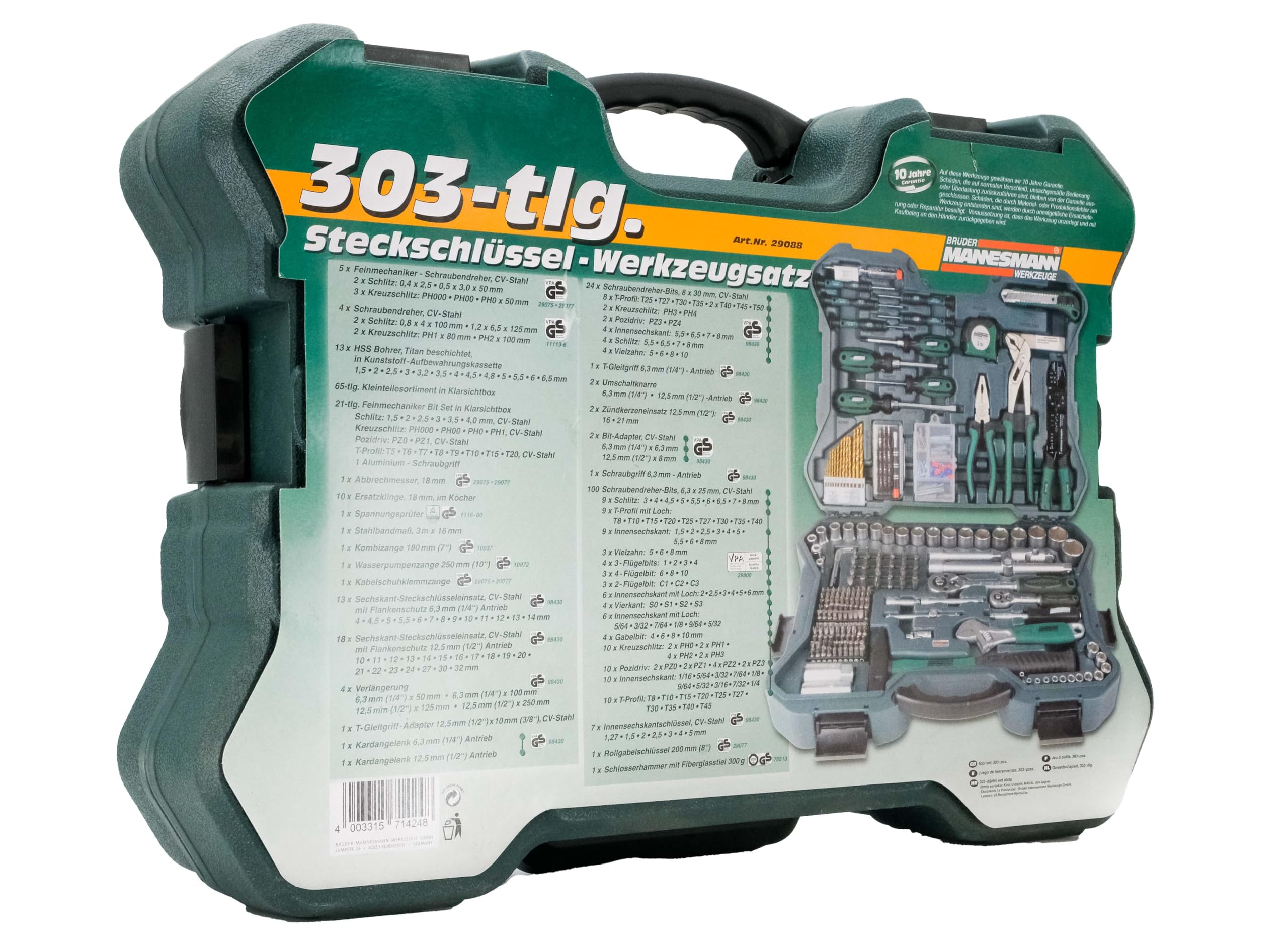 Brder Mannesmann 303-Piece Tool Set - Complete Home & Auto Repair Kit for DIY Projects, Maintenance, and Emergency Fixes