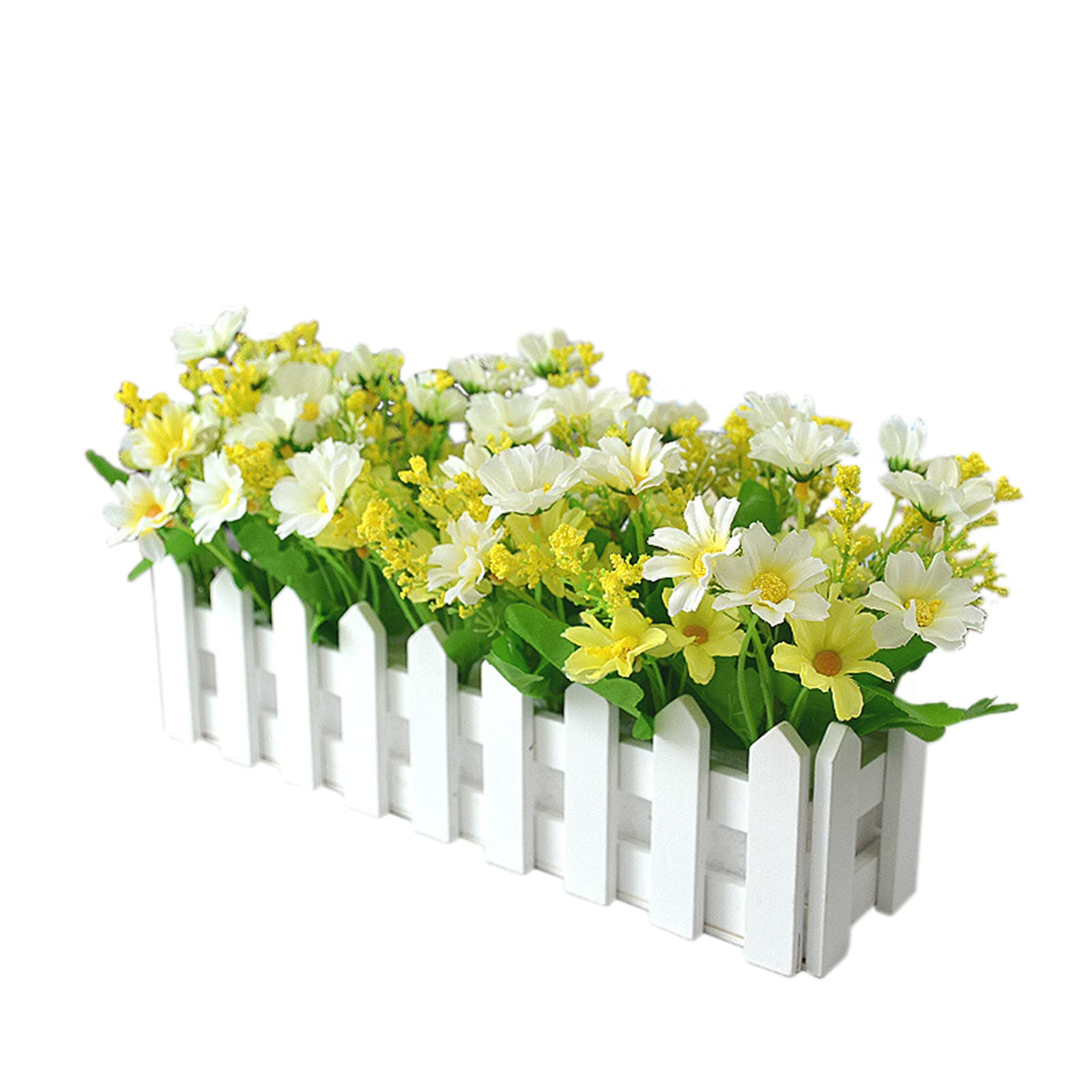 Artificial Flowers in Picket Fence Pot - Fake Jumping Orchid Chrysanthemum Plants - Mini Potted Plant for Indoor Farmhouse Wedding Home Decor (Tender Green) | Perfect for Table Centerpieces, Shelf Displays & Rustic Wedding Decorations