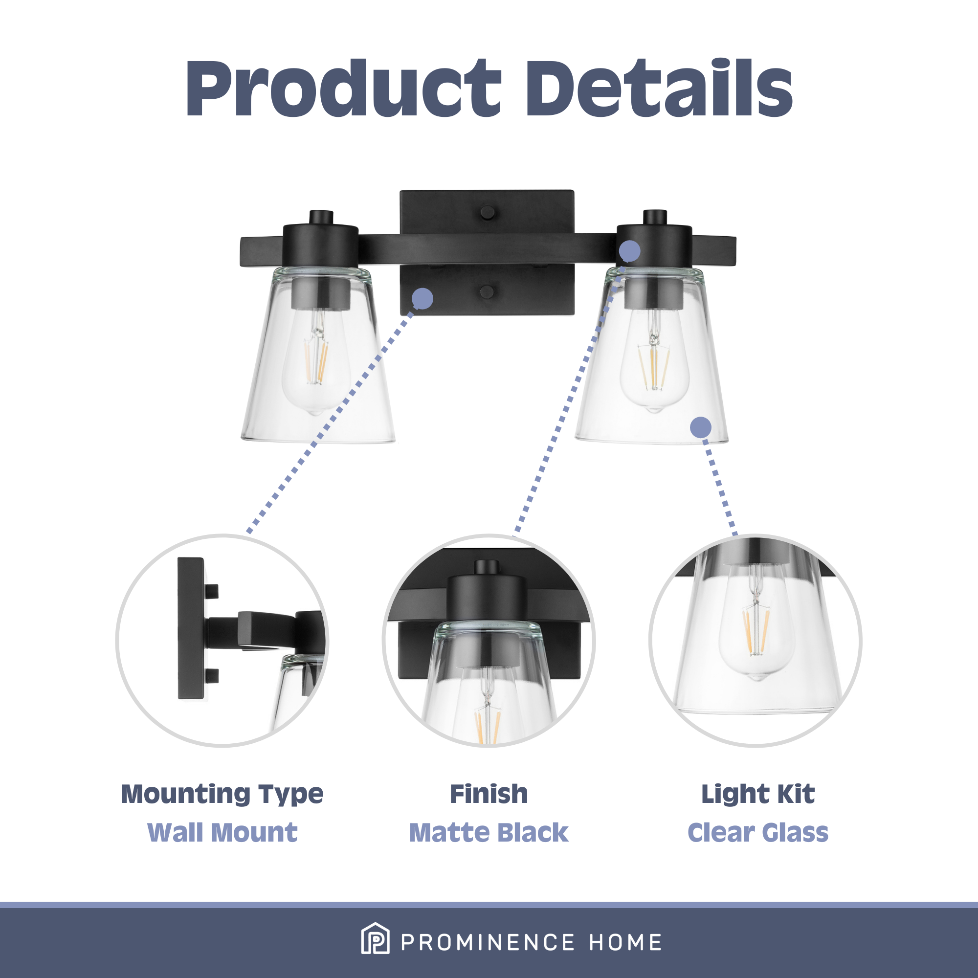 Fairendale 2-Light Vanity Light Fixture with Clear Glass Shades in Matte Black - Perfect for Bathroom, Bedroom, and Dressing Room Lighting