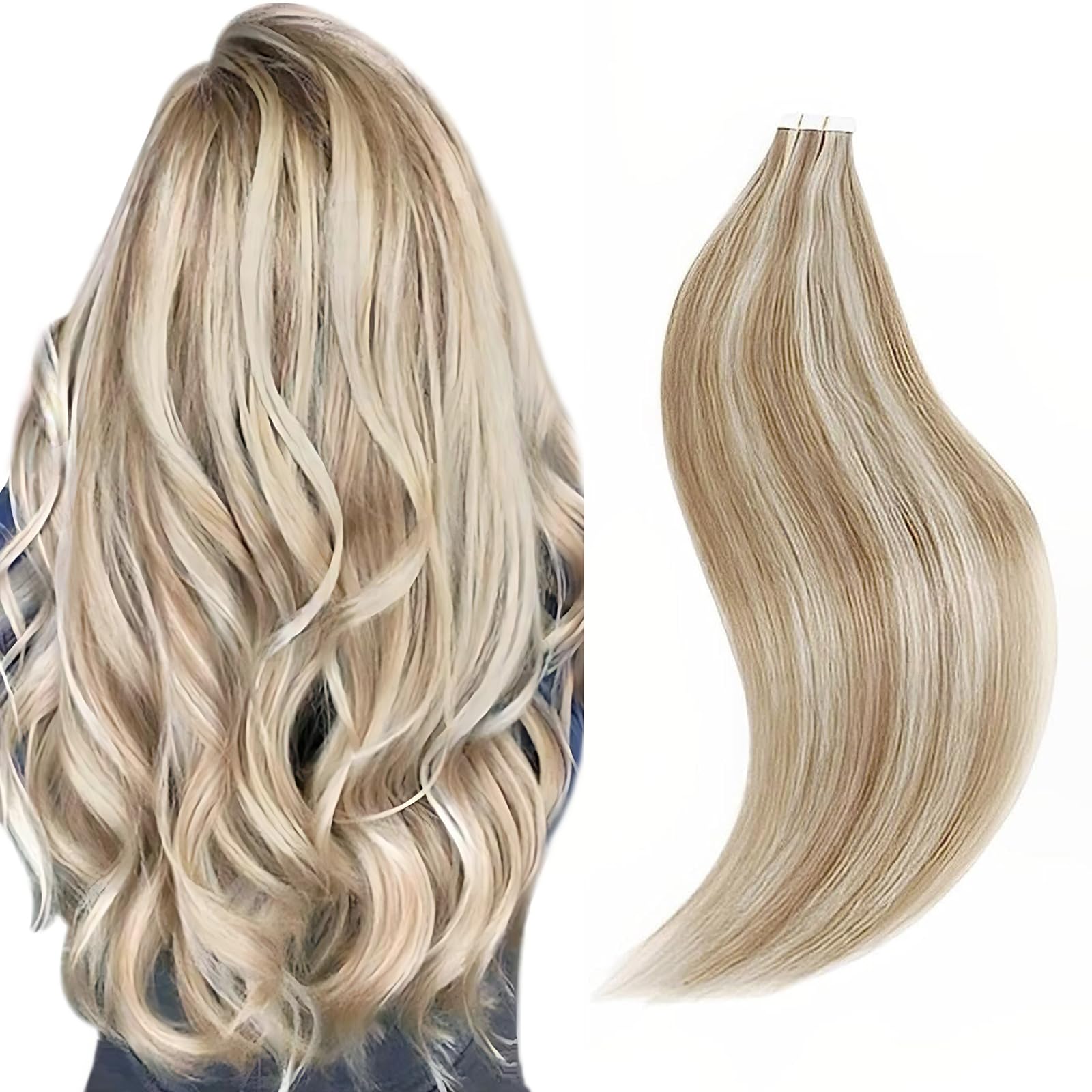 Sixstarhair Light Brown & Ash Blonde Tape-In Hair Extensions - 16 Inch Seamless Straight Human Hair with Double-Sided Tape (50g, Color P8-60) for Everyday Wear, Parties & Special Occasions