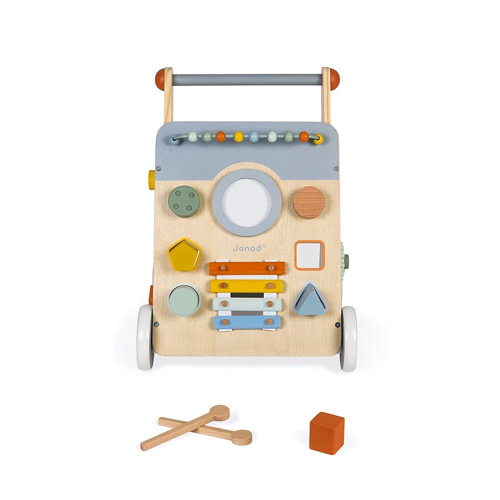 Janod Sweet Cocoon Wooden Multi-Activity Baby Walker for Toddlers 12-24 Months | Learning Push Toy with Bead Maze, Shape Sorter & Music | Montessori Educational Toy for First Steps | Nursery, Playroom & Daycare Essential (J04410)