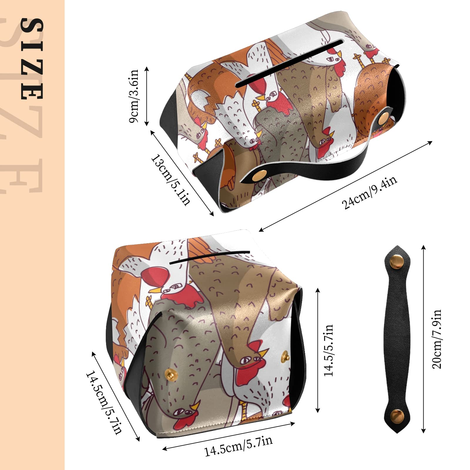 Premium Leather Tissue Box Cover - Brown, White & Orange Chicken Seamless Pattern - 5.7x5.7x5.7 Inch Square Design with Handle for Bathroom, Nightstand, Vanity, Office Desk & Car Decor - Home & Travel Accessory