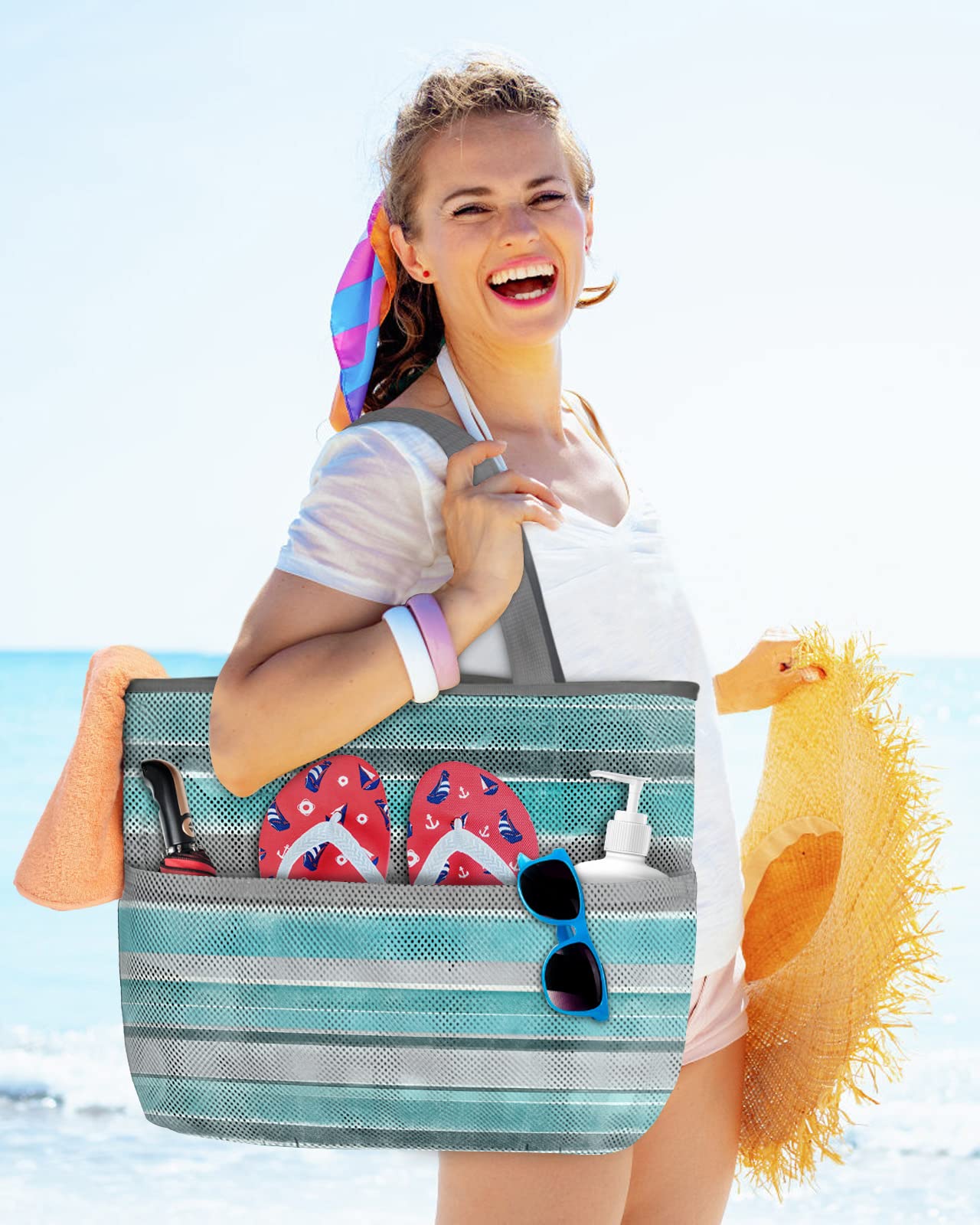 Nordic Abstract Mesh Beach Tote Bag - 60L Oversized Foldable Lightweight Swim Bag with Pockets | Turquoise Gray Gradient Stripes | 24