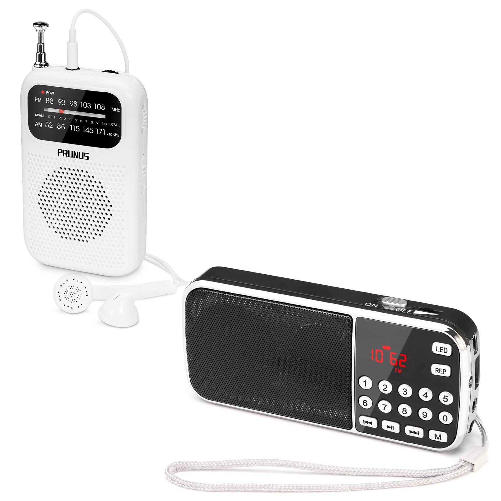 PRUNUS J-189 & J-777 Bluetooth AM/FM Portable Radio with Dual Speaker & Heavy Bass - Best Reception Pocket Walkman for Outdoor, Travel, Gym, and Home Use (Black + White)