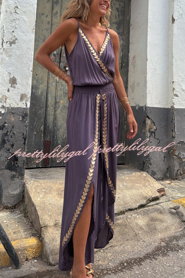 Tamia Gold Trim Elastic Waist Slit Wide Leg Slip Jumpsuit for Women - Comfortable & Stylish Lounge & Evening Wear - Perfect for Parties, Date Nights & Special Occasions