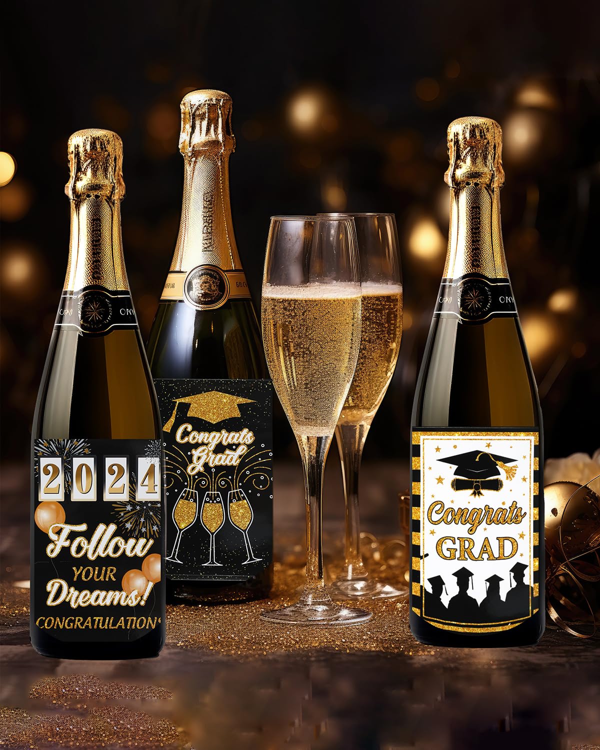 VIDELLY 18Pcs Graduation Wine Bottle Labels - Class of 2024 Black Gold Champagne Soda Bottle Stickers - Perfect for Grad Party Decorations, Ceremony Celebrations & Congratulatory Gifts