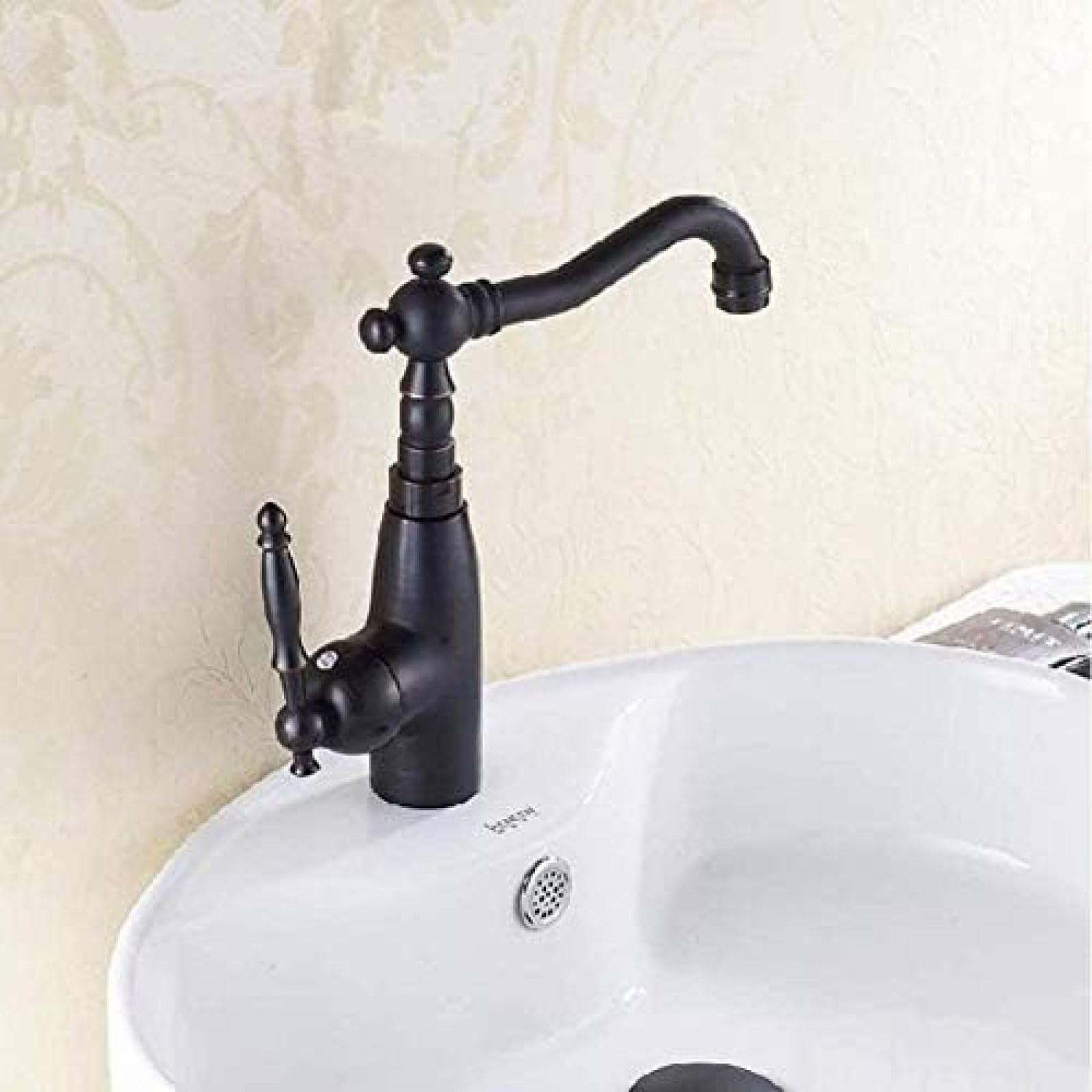 CRJUS Black Antique Brass Retro Kitchen Sink Faucet - Single Lever Up Turn Spout, Hot & Cold Water Mixer Tap for Bathroom & Deck - Vintage Style Basin Faucet for Modern & Farmhouse Kitchen Decor