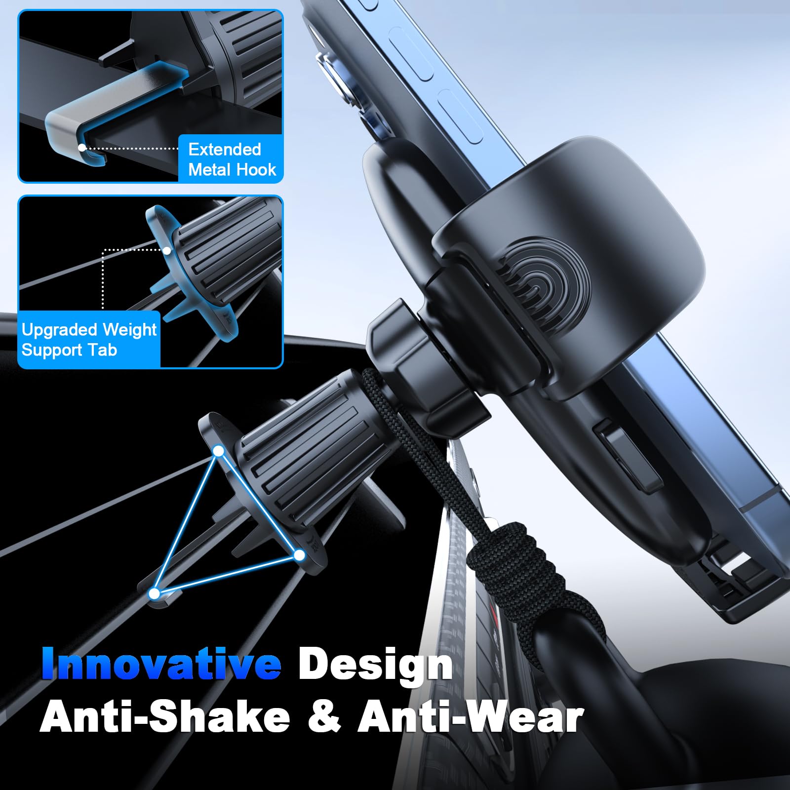 2025 New Ultra-Stable Car Vent Phone Holder with Extended Metal Hook - Wider Clamp for Thicker Cases - Compatible with iPhone 16 Pro Max/15/14/13/12, Samsung S24 Ultra, Pixel & Most Android Phones - Perfect for Safe Driving & Hands-Free Navigation
