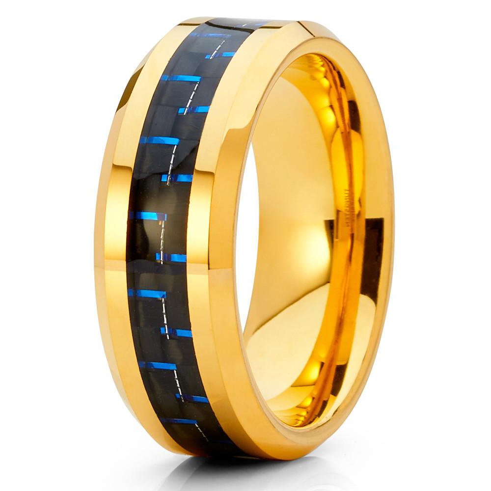 Yellow Gold Tungsten Wedding Ring for Men - 8mm Comfort Fit Carbon Fiber Band - 18k Gold Plated Anniversary Jewelry - Durable & Scratch Resistant - Perfect for Weddings, Engagements & Special Occasions