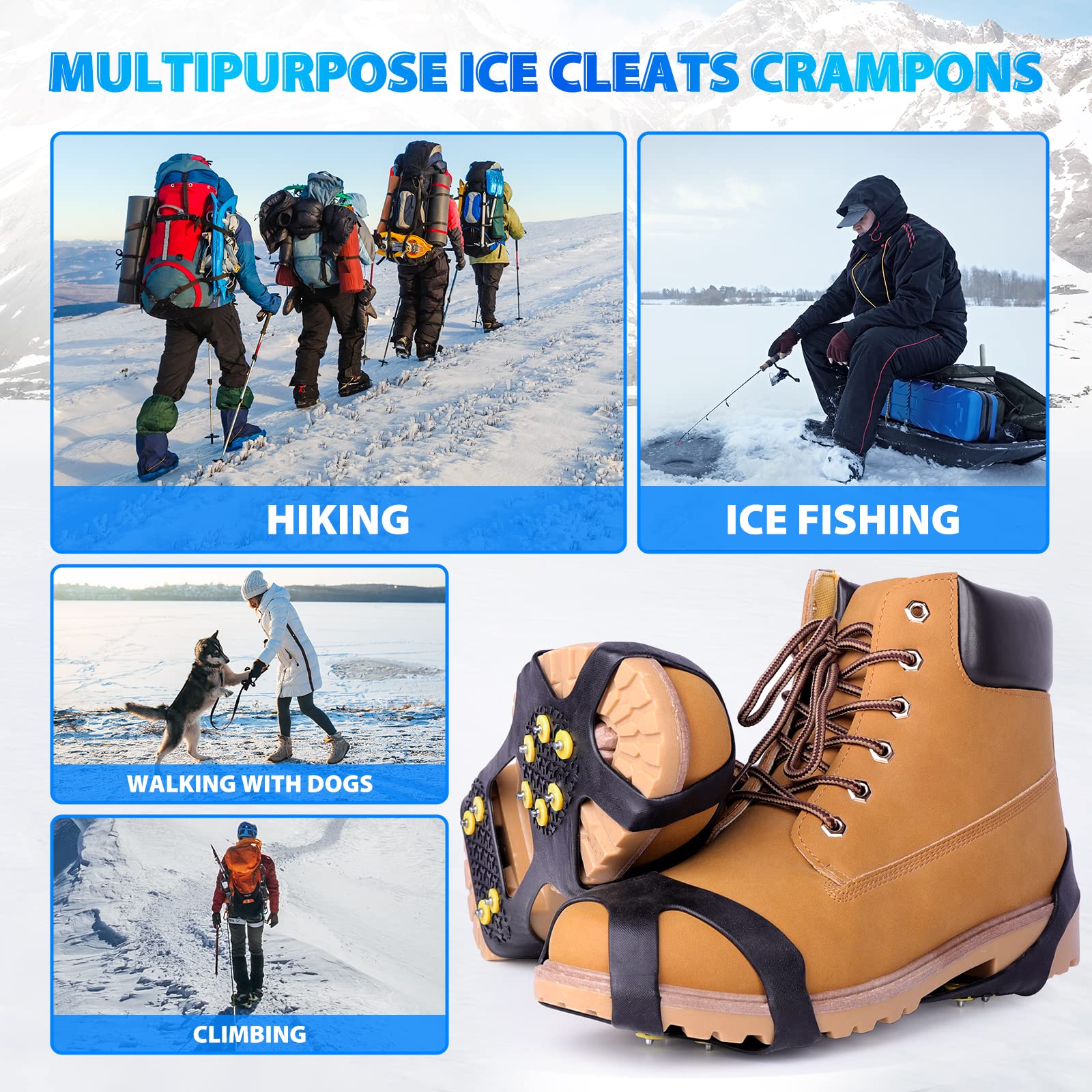 Sfee Ice Cleats for Boots & Shoes - 10 Steel Studs Anti-Slip Snow Grips for Hiking, Walking, Climbing & Jogging | Winter Traction Cleats for Ice & Snow | Perfect for Outdoor Adventures & Slippery Conditions