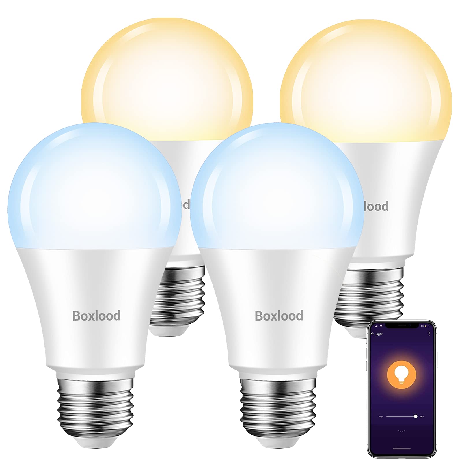 Smart Dimmable WiFi LED Light Bulbs 4-Pack - Works with Alexa, Google Assistant & SmartThings (No Hub Required) - E26 A19, 7W 700lm (60W Equivalent), Warm to Cool White Tunable with Timer - Perfect for Bedrooms, Living Rooms & Smart Home Lighting