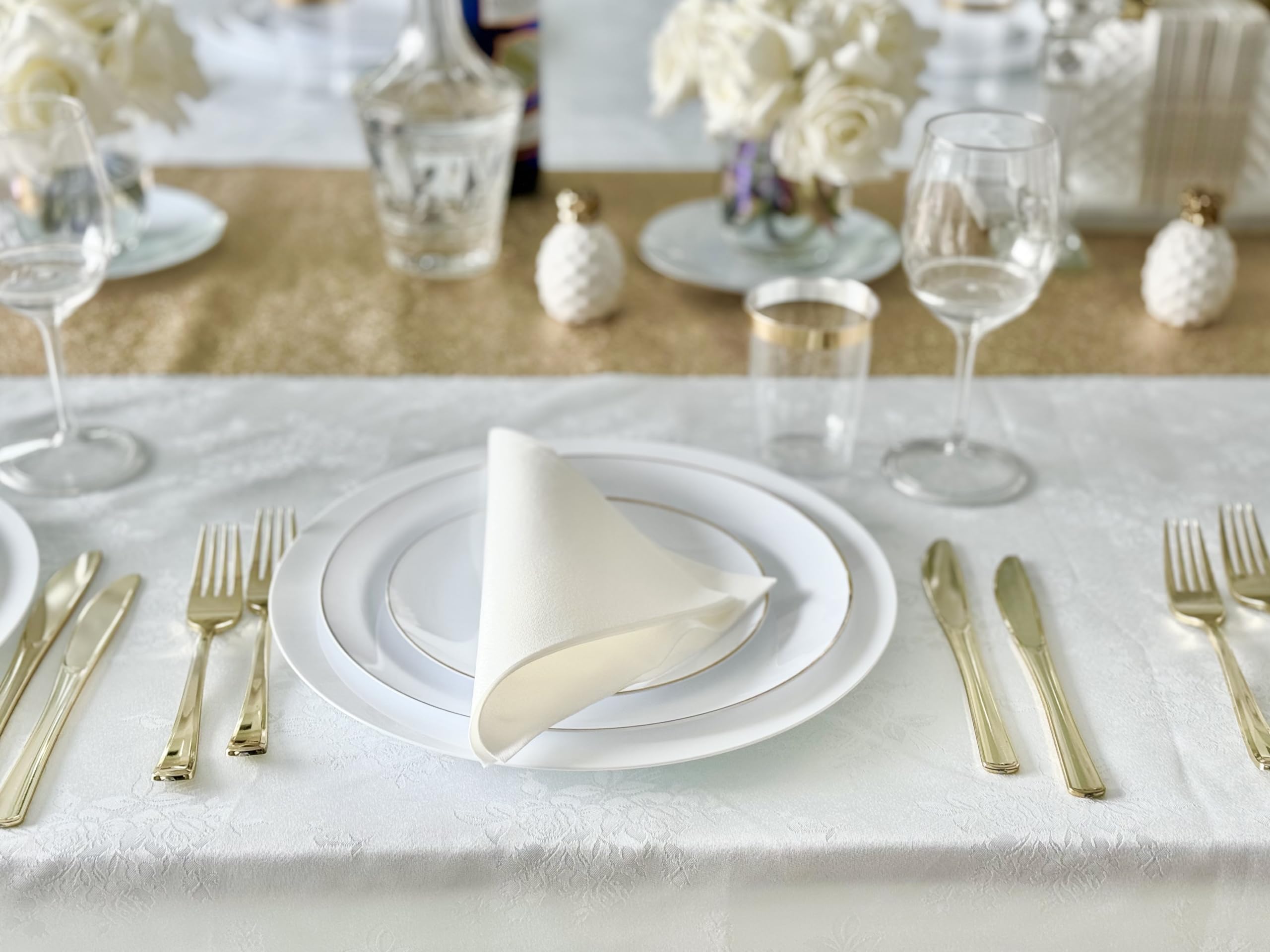 240-Pack Disposable Plastic Plates for Wedding & Party - 10.25 Inch Elegant White & Gold Dinner Plates (Bali Design) - Perfect for Birthday Celebrations, Bridal Showers & Catering Events