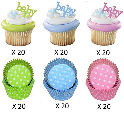 Baby Shower Gender Reveal Party Cupcake Liners & Toppers Set - 60 Count for Pink, Blue & Green Cupcakes - Perfect for Gender Reveal Parties & Baby Showers