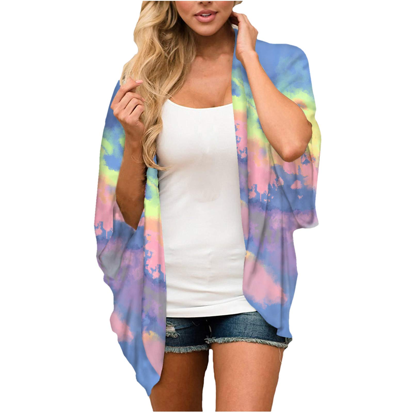 Women's Long Sleeve Chiffon Blouse - Floral Beach Print Kimono Cardigan Cover Up for Summer, Vacation, and Boho Style Outfits
