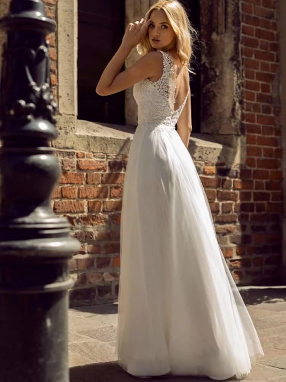 2024 Sexy V-Neck Lace Beach Wedding Dress for Bride with High Slit - Elegant Bridal Gown for Beach Weddings, Destination Ceremonies & Romantic Photos