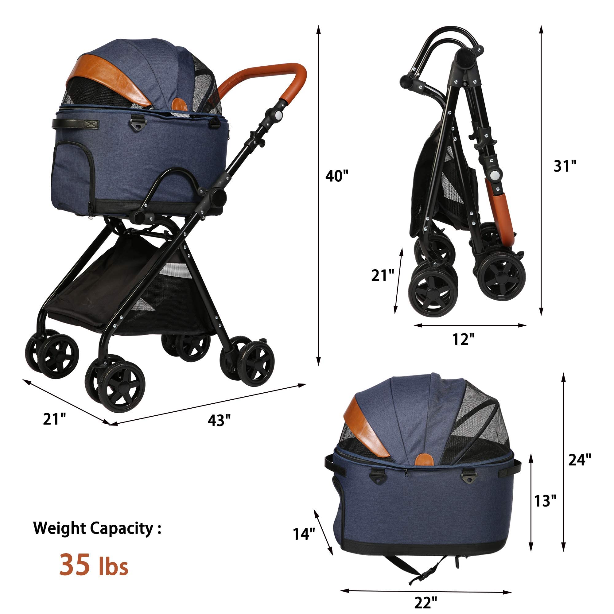 LUCKYERMORE Premium 2-in-1 Folding Pet Stroller & Carrier for Medium Dogs & Cats - Adjustable Handle, Detachable Car Seat - Perfect for Travel, Shopping & Vet Visits