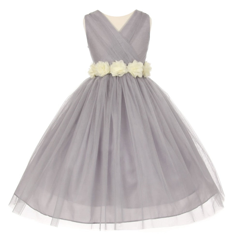 Elegant Silver Ivory Chiffon Flower Tulle Junior Bridesmaid Dress for Big Girls - Sizes 8-14 | Perfect for Weddings, Prom, and Formal Occasions
