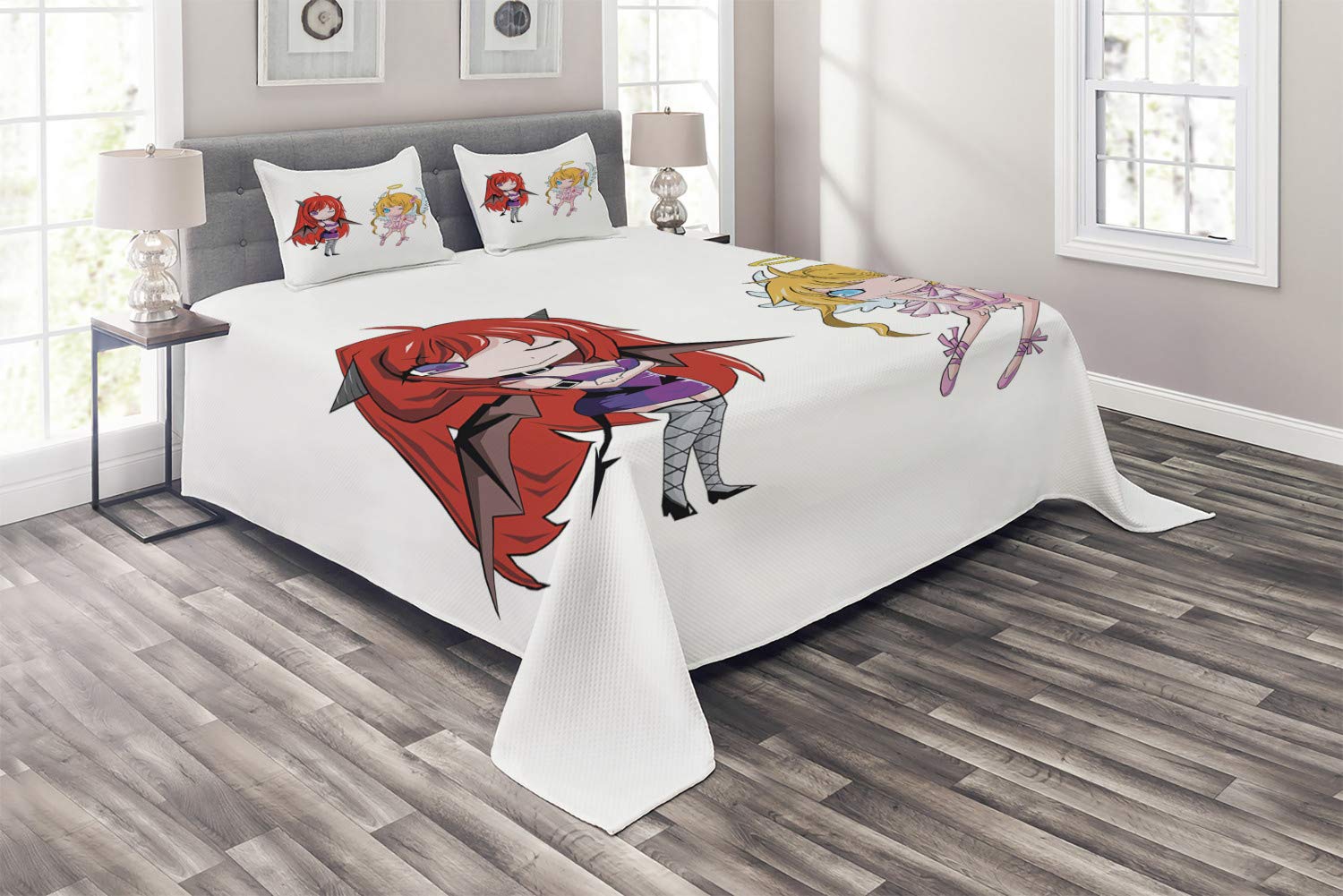 Ambesonne Anime Bedspread Set - Angel Wings & Demon Girl Horns Japanese Manga Print Quilted 3-Piece King Size Bedding with 2 Pillow Shams, White | Perfect for Anime Fans' Bedroom Decor, Gift for Manga Lovers, Soft & Stylish Comforter Cover