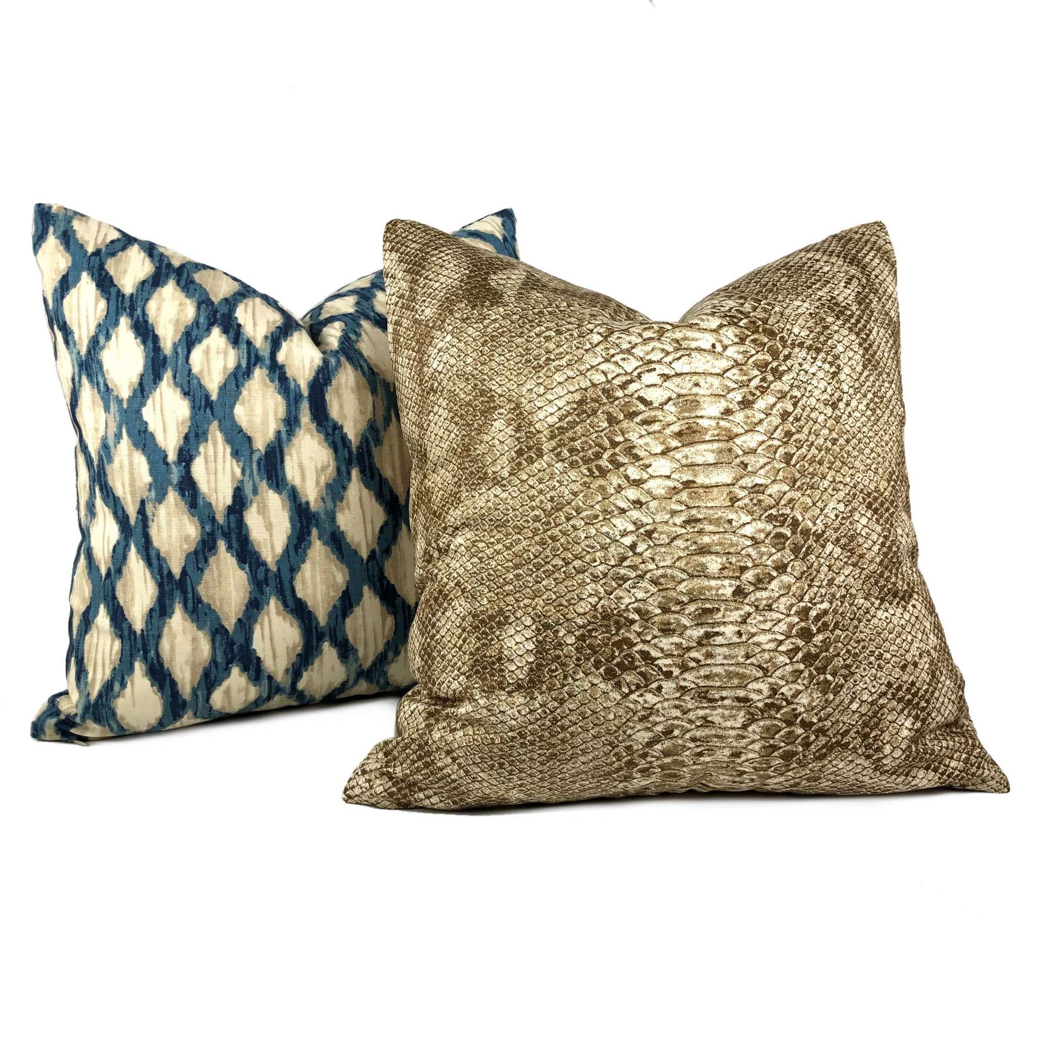 Meera Blue Beige Ikat Trellis Cotton Print Pillow Cover - Decorative Throw Pillow Case for Sofa, Bed, Couch - Home Decor Accent for Living Room & Bedroom