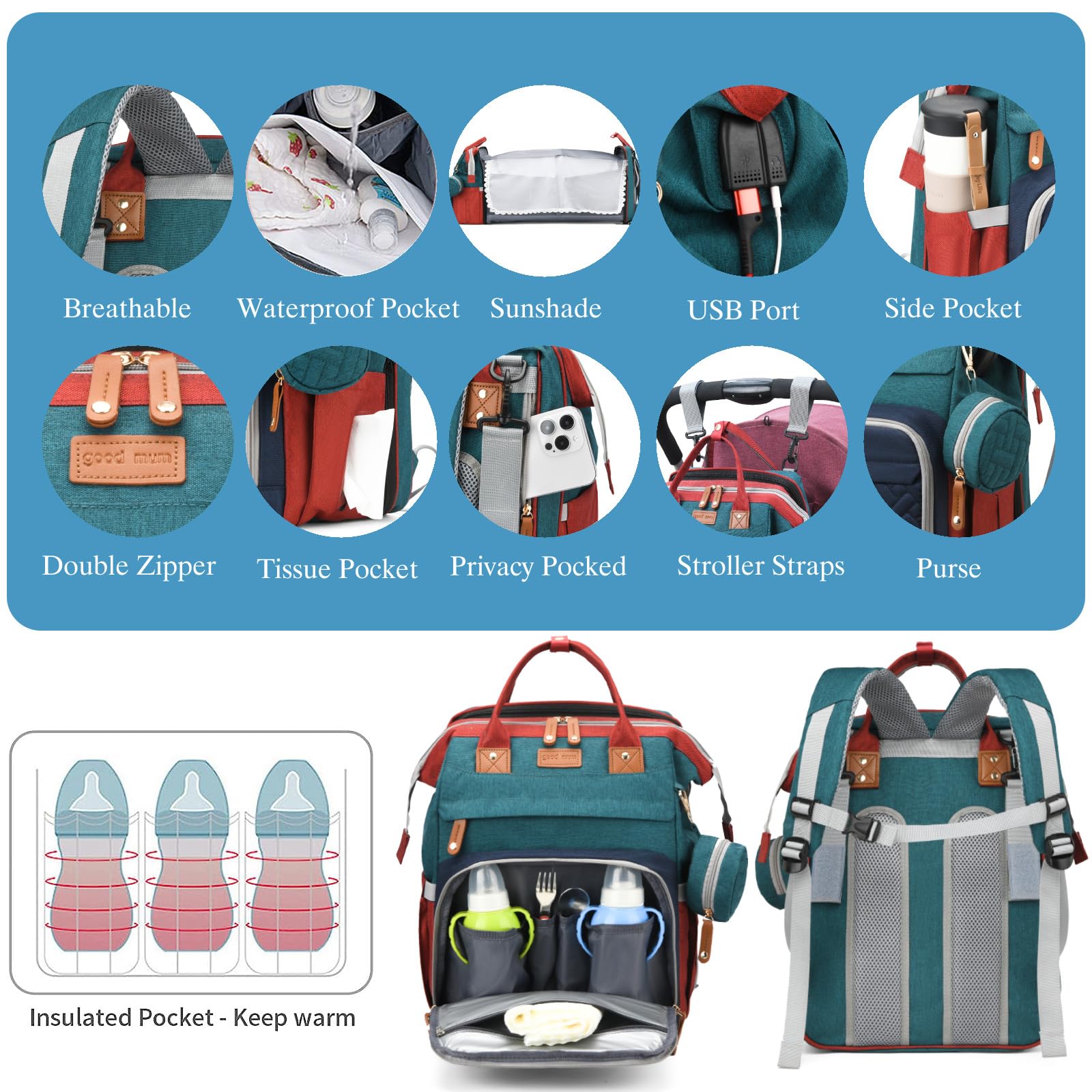 Jeryswet Waterproof Large Capacity Baby Diaper Backpack with Changing Station - USB Charging Port & Stroller Straps - Perfect Baby Shower Gift for Moms & Dads - Ideal for Travel, Daycare, and On-the-Go Parenting