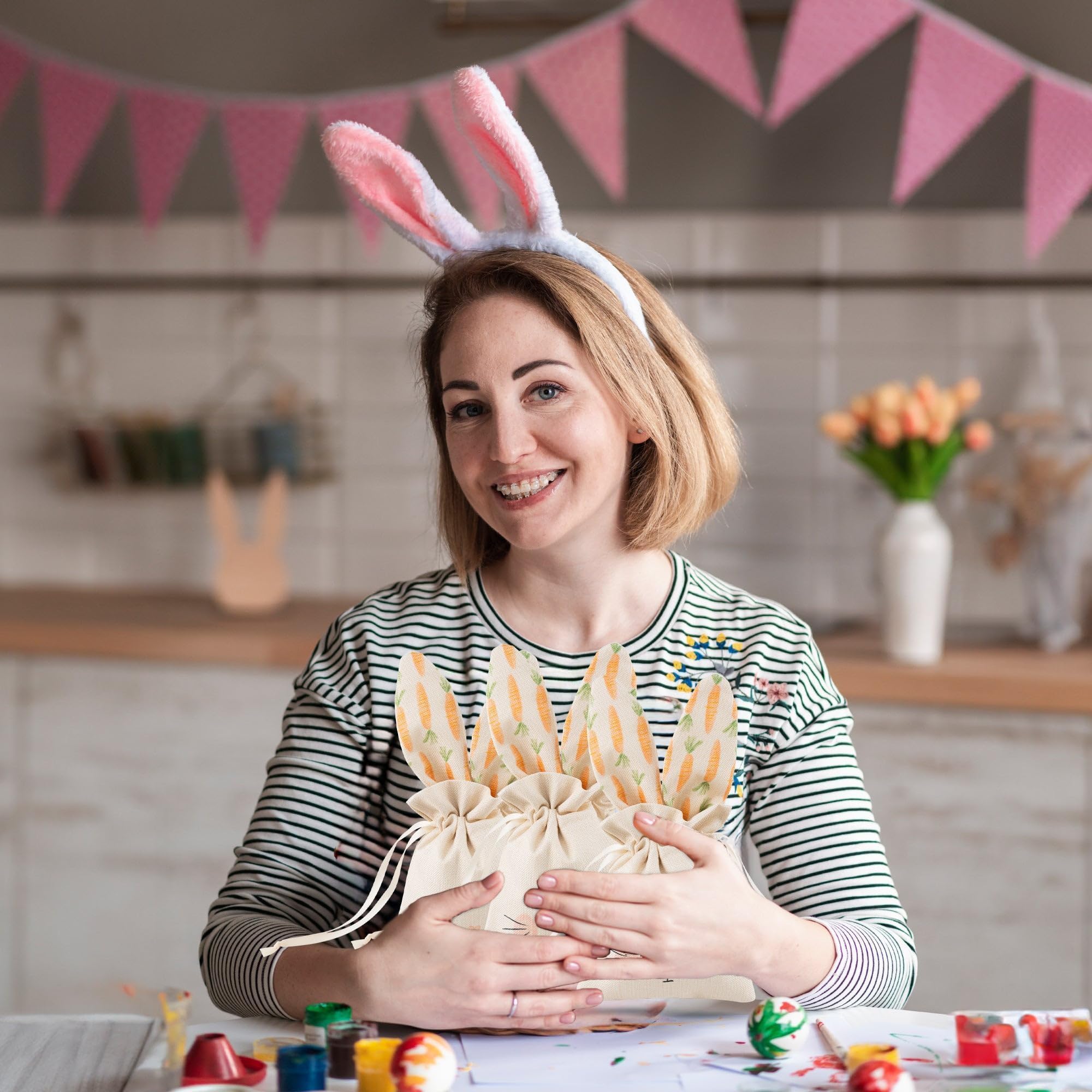 Cheerland Easter Drawstring Bags - Pack of 6 Bunny Rabbit Party Favor Bags for Easter, Birthday, Baby Shower & Garden Tea Party | Cute Linen Candy Gift Bags for Kids, Decorations & Party Supplies | Perfect for Easter Egg Hunts, Classroom Treats & Holiday Celebrations
