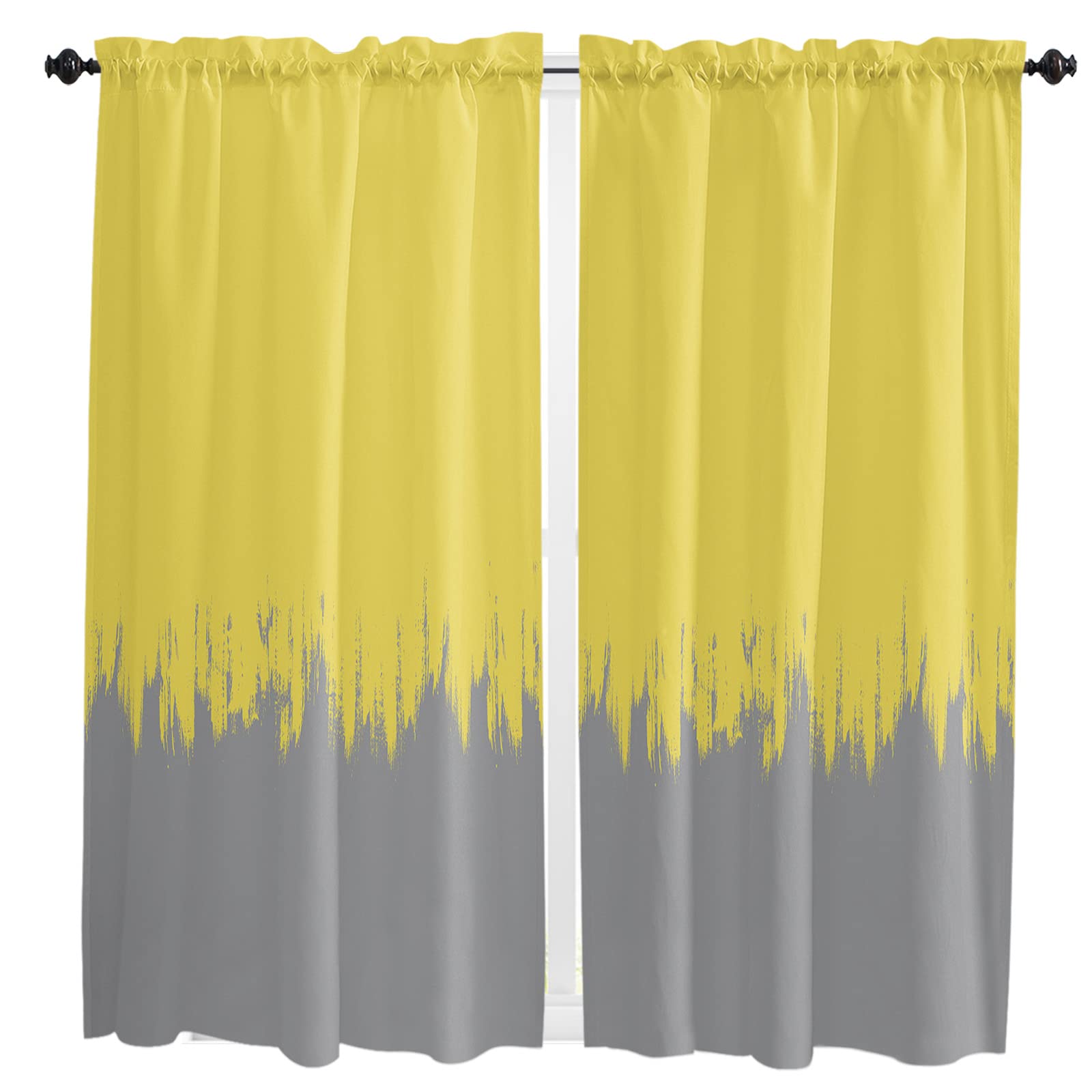 Yellow and Grey Oil Painting Textured Window Curtains - 54 Inch Rod Pocket Cafe Curtains for Living Room, Bedroom, Kitchen & Bathroom - Modern Short Drapes for Small Windows | Perfect for Cozy Home Decor & Sunlight Filtering