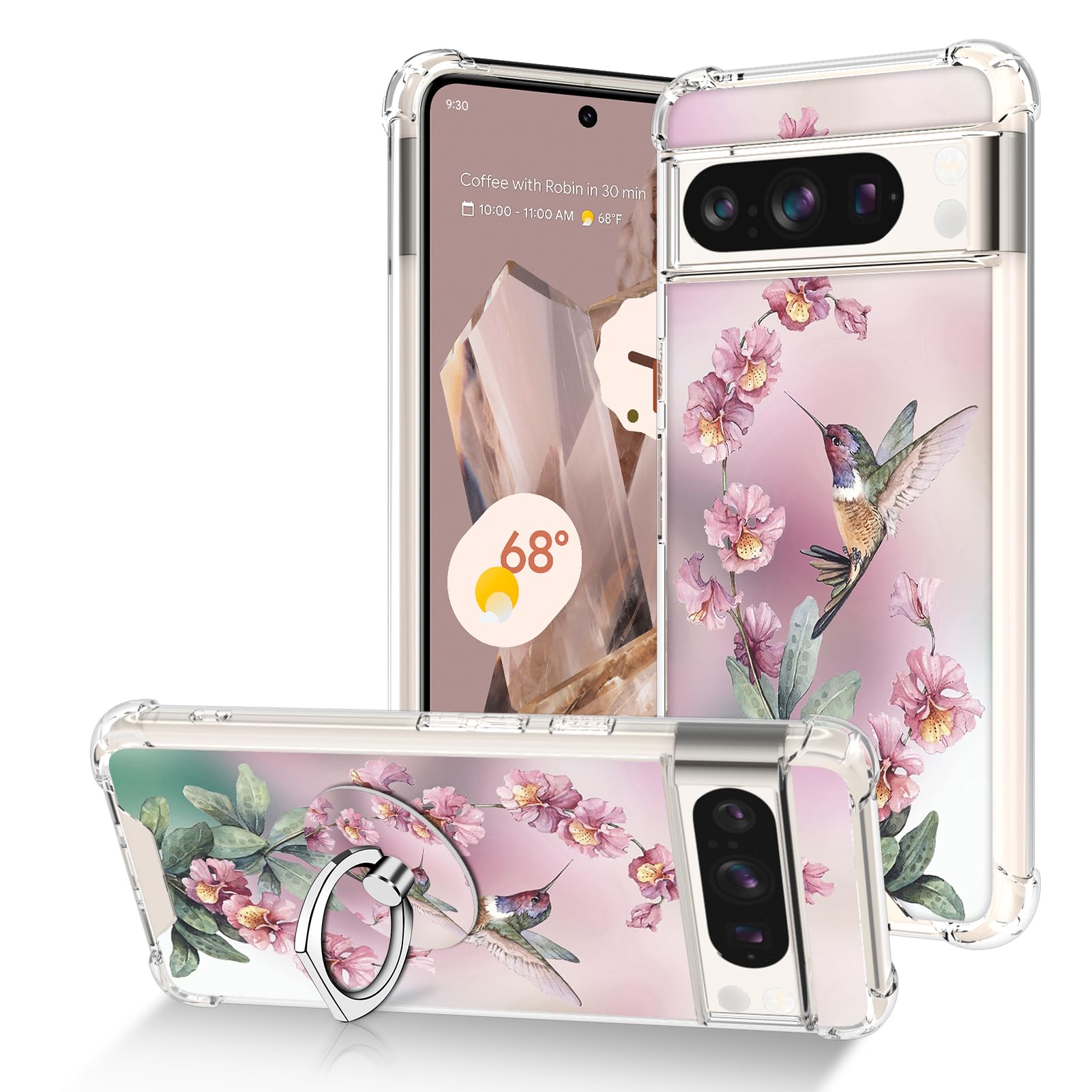 OOK Clear Case for Google Pixel 8 Pro - Pink Hummingbird Design, Flexible TPU Shockproof & Anti-Scratch Transparent Cover with Ring Kickstand | Perfect for Daily Protection, Work & Travel