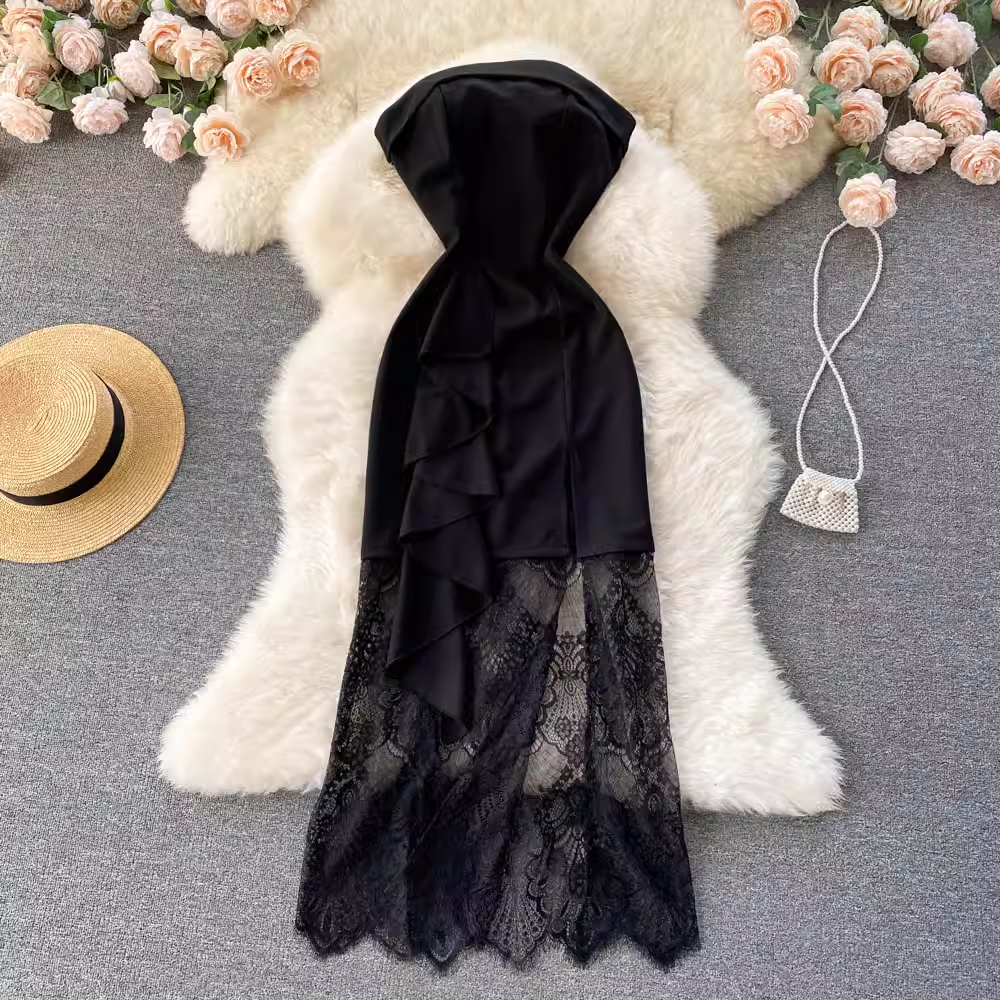 Elegant Black Lace Strapless Evening Dress - Tube Top Formal Gown for Prom, Wedding & Cocktail Party | Style 1183