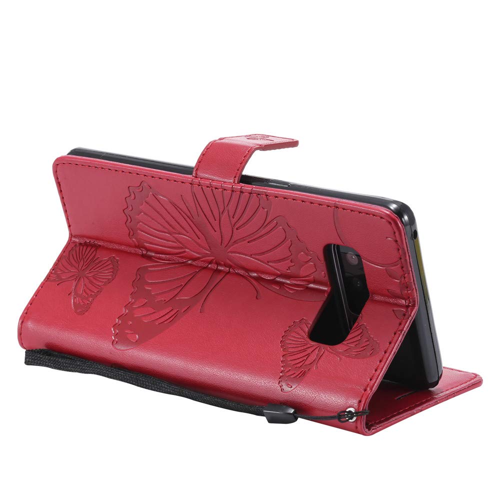 Samsung Galaxy Note 8 Case - Butterfly Embossed Magnetic Clasp Wallet Cover with Hand Strap | Slim Protective Phone Case for Women | Perfect for Work, Travel & Everyday Use (Red)