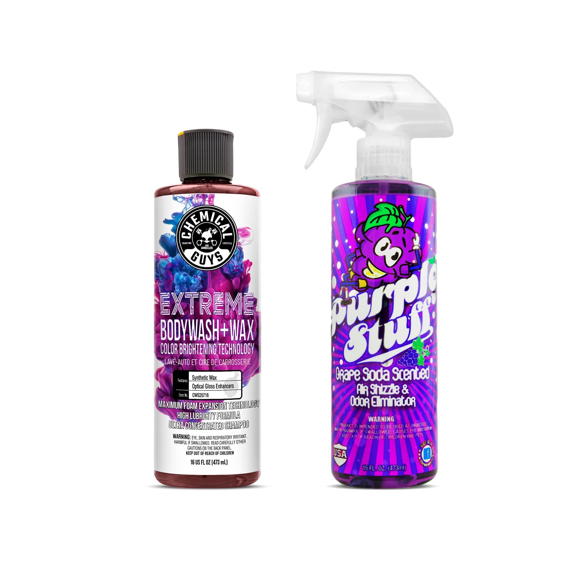 Chemical Guys Grape Bundle - Extreme Bodywash & Wax Car Wash Soap (16 oz) and Purple Stuff Grape Scented Car Air Freshener (16 oz) | Premium Car Detailing Kit for Shine & Fresh Scent | Perfect for Car Washing, Detailing & Interior Freshening