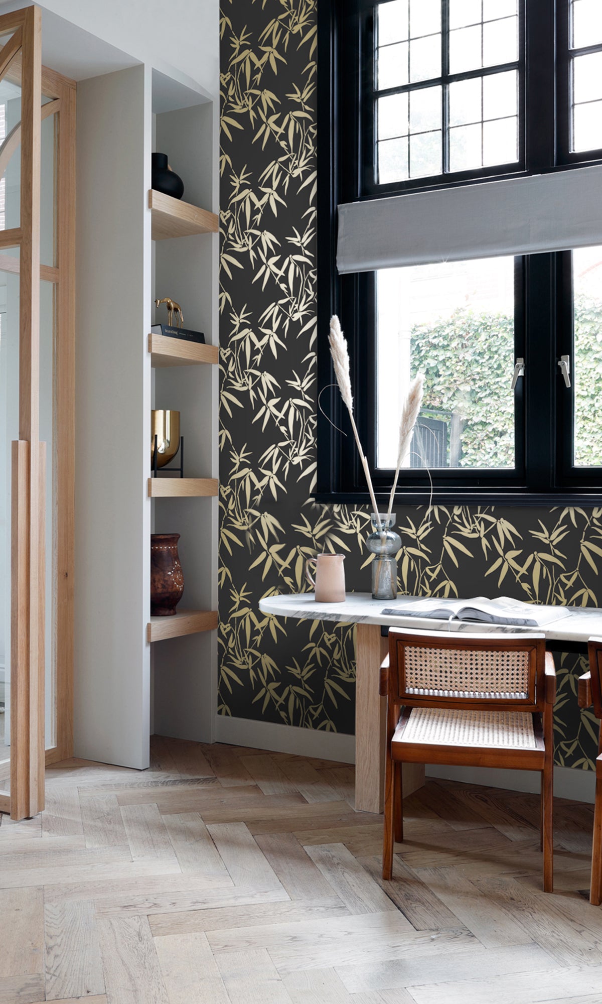 Black and Gold Bamboo Leaves Wallpaper R9375 - Elegant Peel and Stick Wallpaper for Bedroom, Living Room & Office Decor