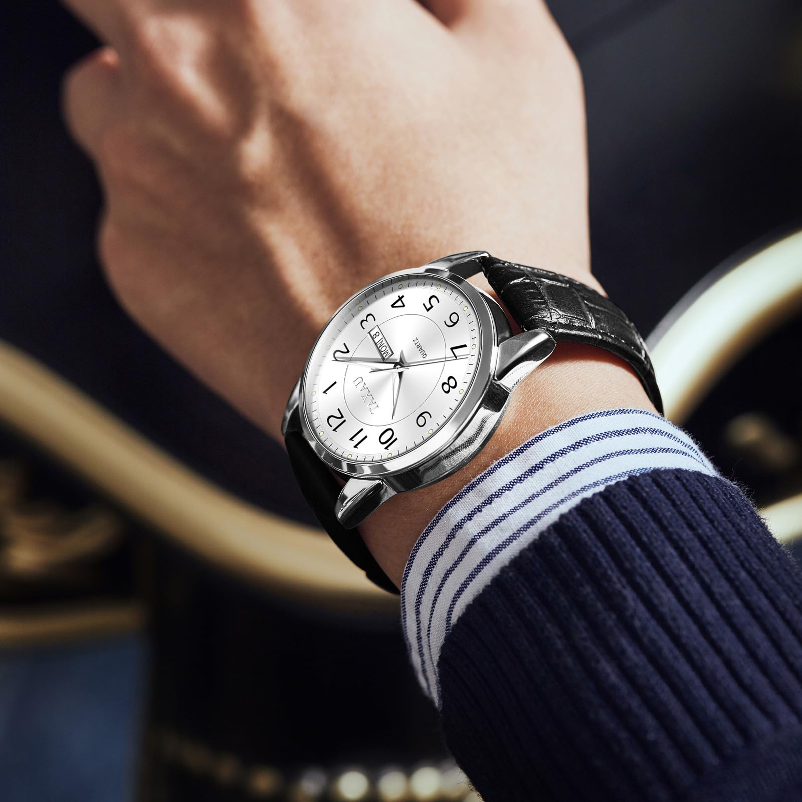 Luxury Men's Analog Quartz Watch - Big Face Black Leather Waterproof Wristwatch with Luminous Hands & Date Display - Perfect for Business, Casual & Dress Occasions