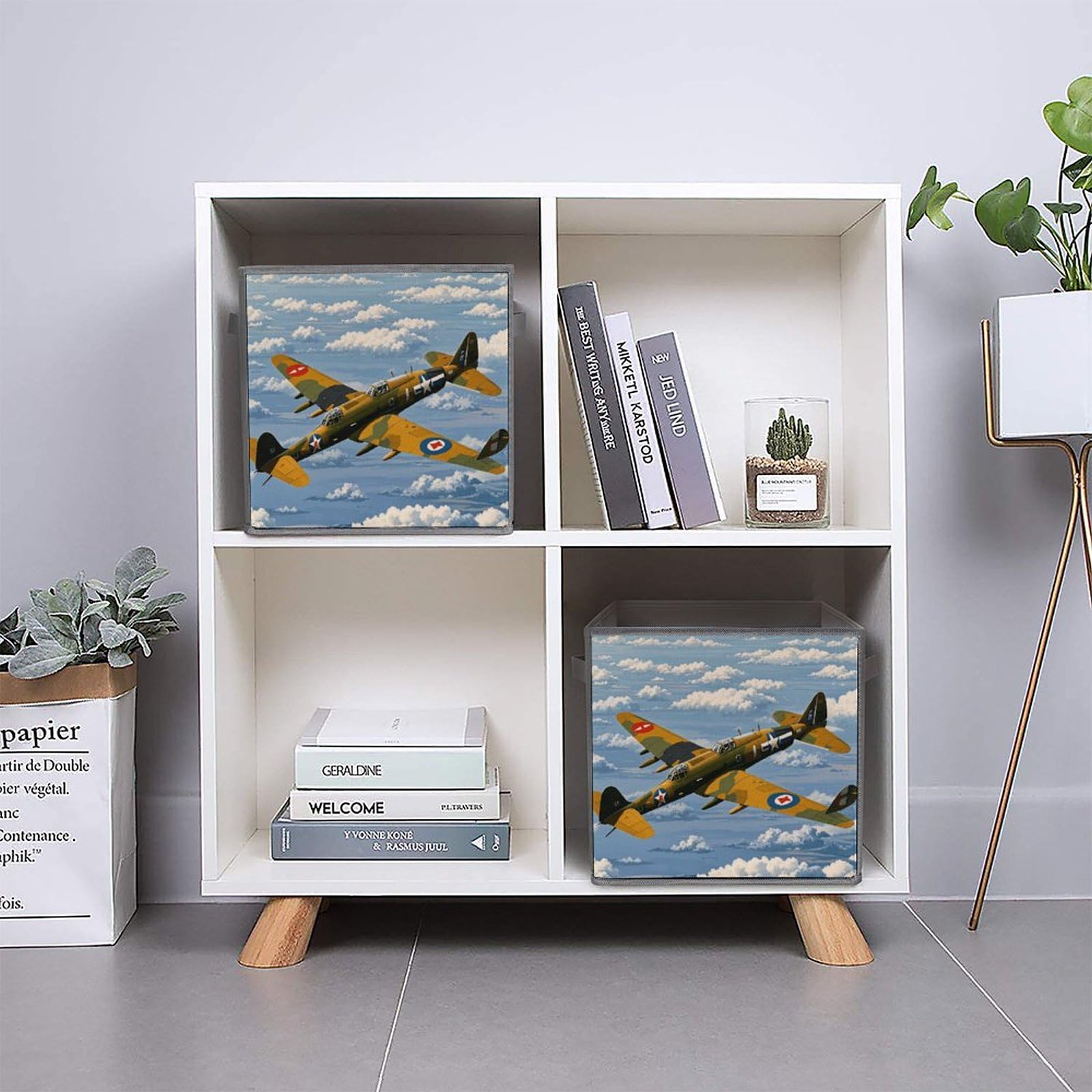 6-Piece Collapsible Storage Bins with Handles - WWII Aircraft Printed Foldable Organizing Boxes for Home, Closet & Shelf Storage | Multi-Purpose Collapsible Baskets for Bedroom, Bathroom & Office Organization