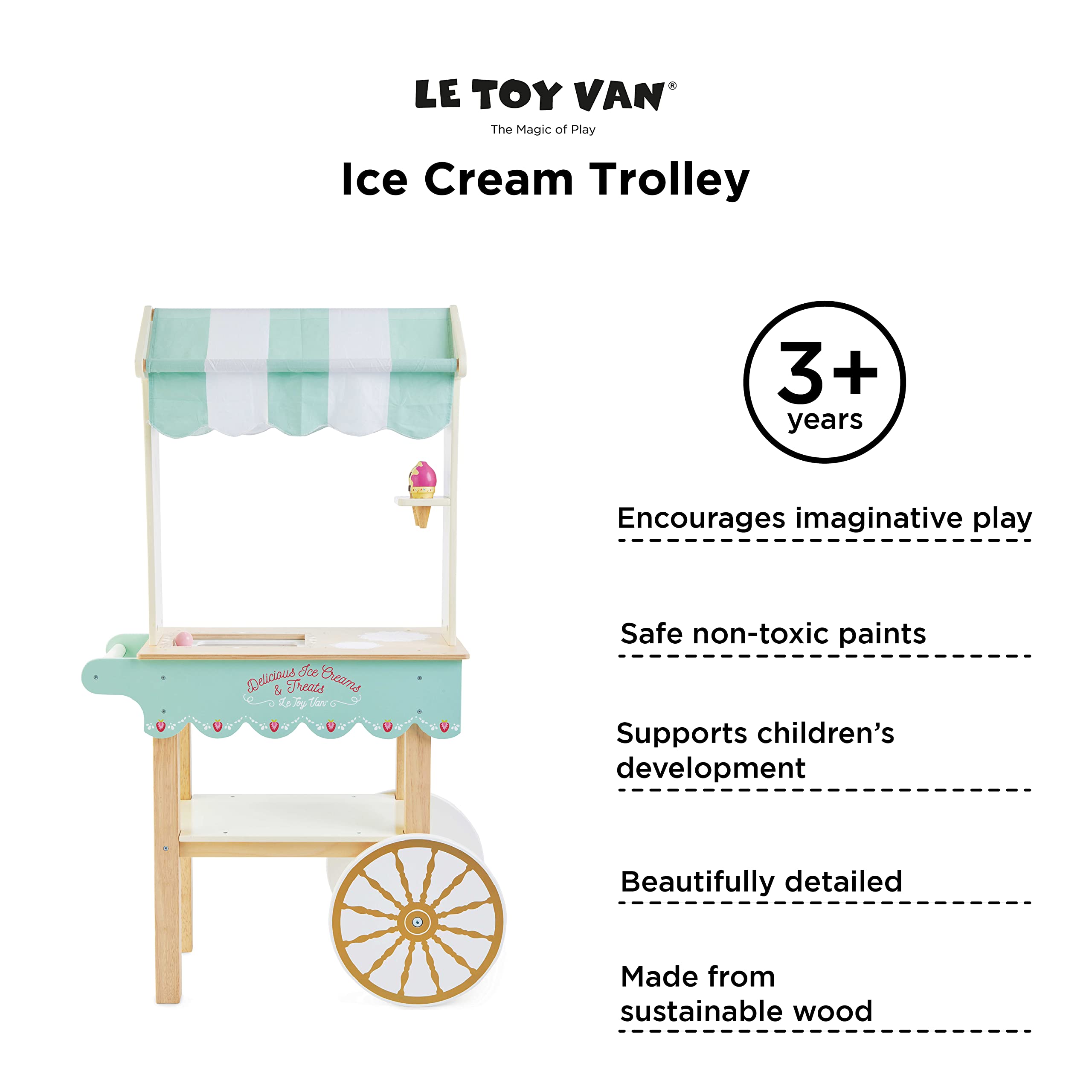 Le Toy Van Educational Wooden Ice Cream Cart Toy - Pretend Play Food Set for Kids Ages 3+ | Role Play Learning Toy for Boys & Girls | Perfect for Birthday Gifts & Preschool Classroom Activities