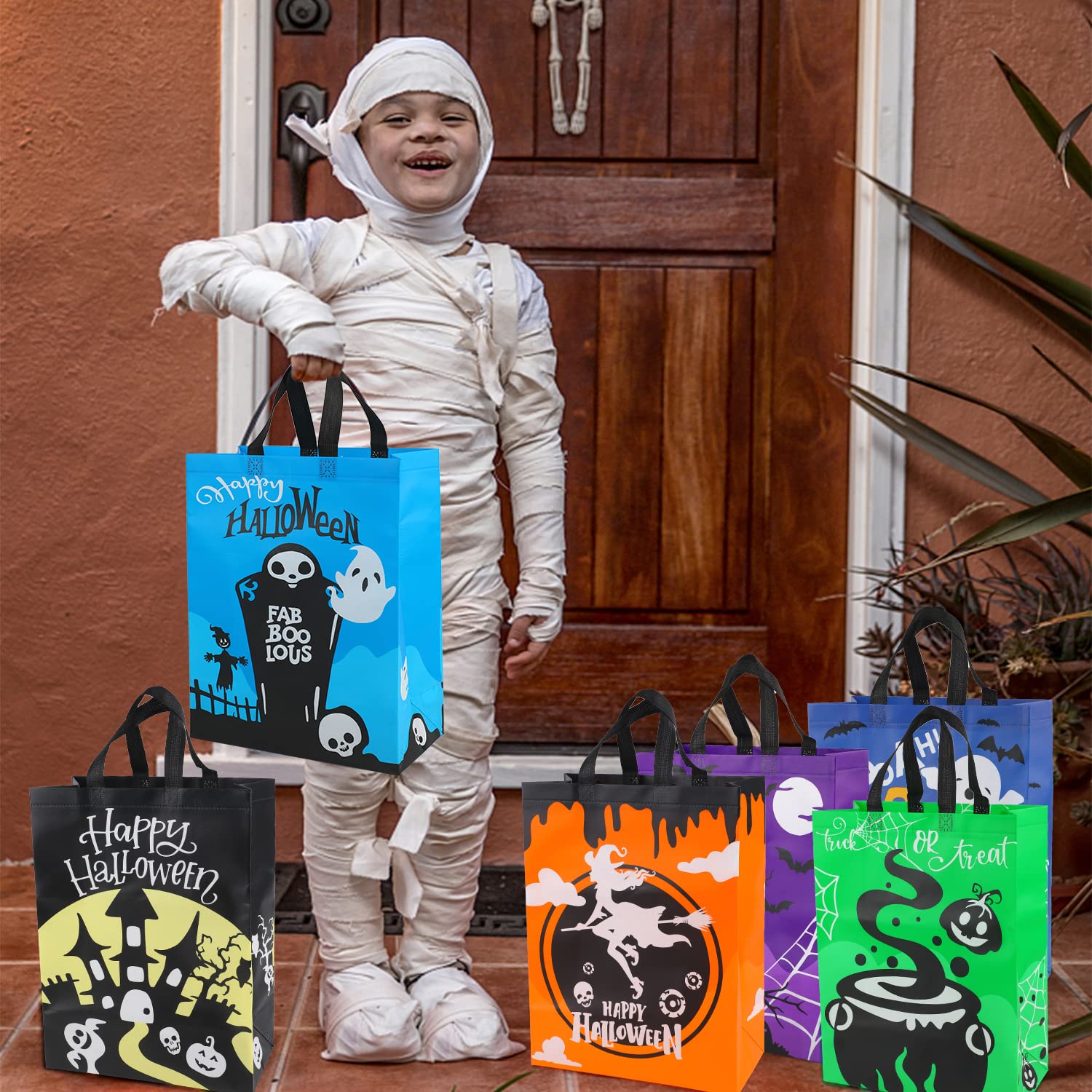 6 Pack Halloween Trick or Treat Bags - Large Reusable Non-Woven Candy Tote Bags with Handles (15.6