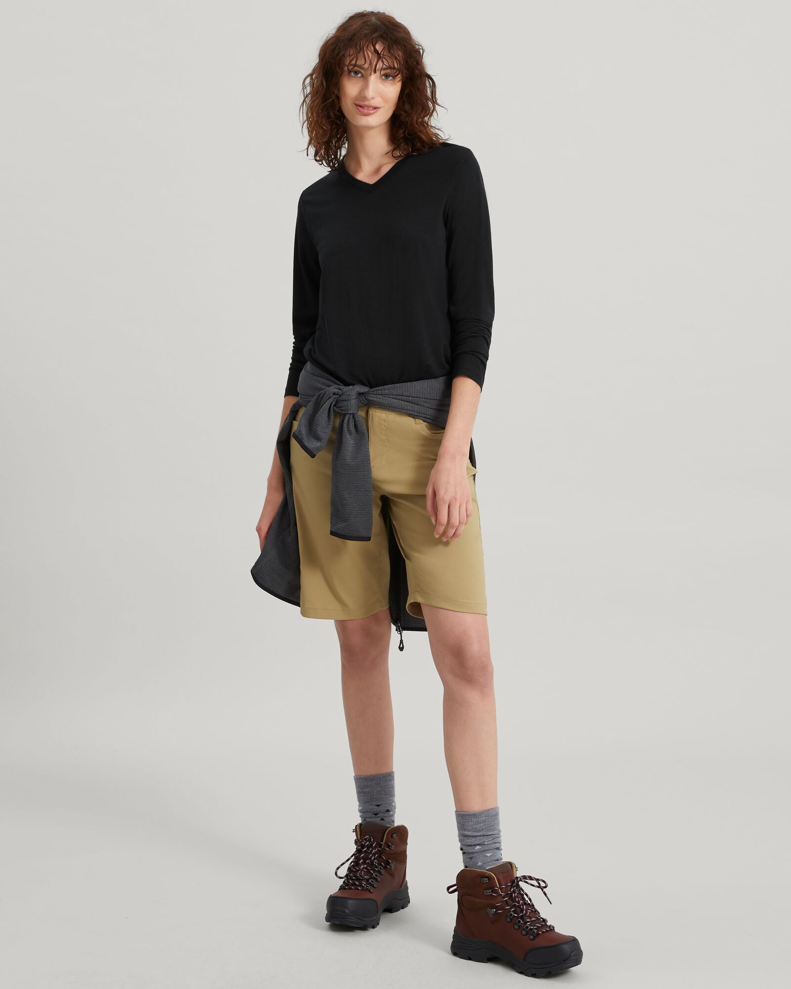 100% Merino Wool Women's Long Sleeve V-Neck Top - Black | Soft & Warm Base Layer for Hiking, Travel & Winter Outfits