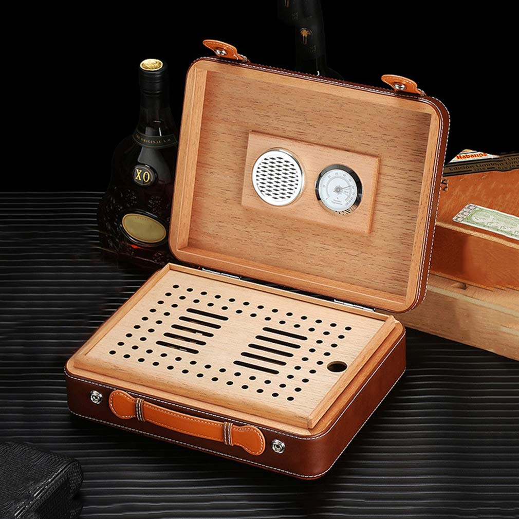 Premium Cedar Wood Travel Cigar Humidor Case - Portable Leather Cigar Box with Built-in Humidifier & Hygrometer | Perfect for Business Travel, Outdoor Adventures & Cigar Storage