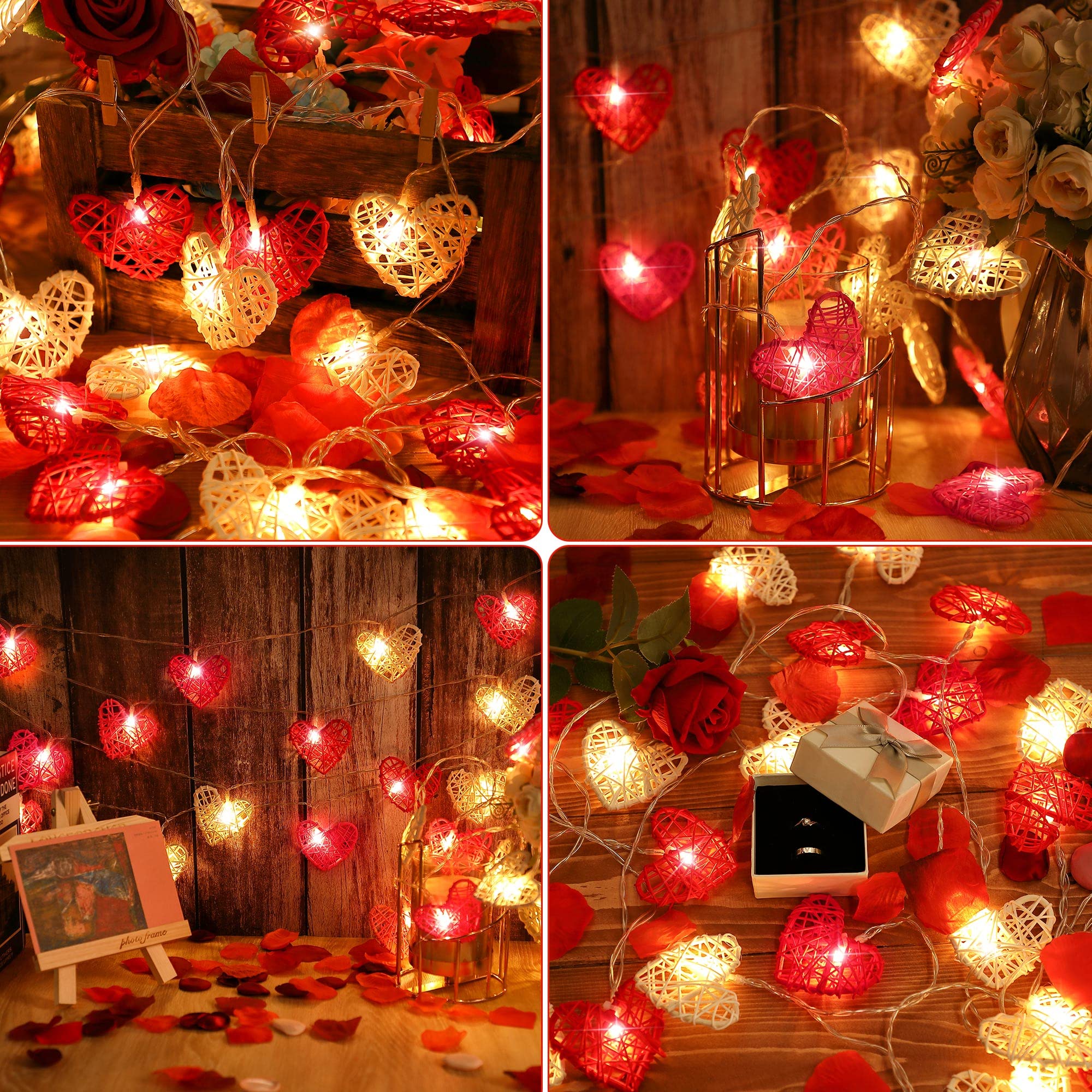 Hiboom Valentine's Day Heart String Lights - 16ft 24 LED Battery Operated Rattan Heart Lights for Wedding, Party, Home Decor (Red, Pink, White) | Romantic Indoor Outdoor Lighting for Bedroom, Garden, Anniversary Celebration
