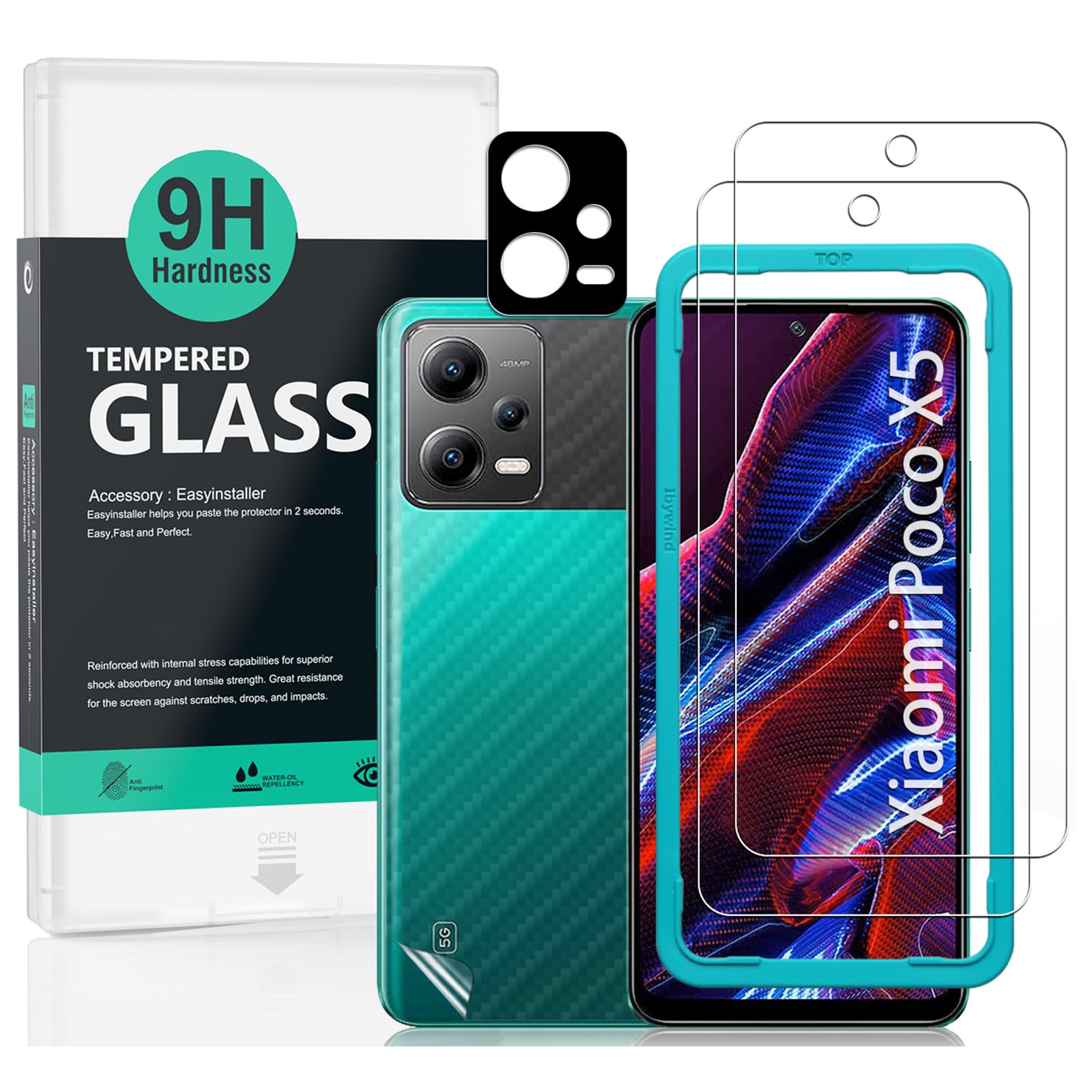 Ibywind 3-in-1 Screen Protector Kit for Xiaomi Poco X5 5G (6.67 Inch) - 2 Pack Tempered Glass + Camera Lens Protector + Back Film | 9H Hardness, HD Clear, Anti-Scratch, Bubble-Free, Easy Installation, Fingerprint Compatible | Perfect for Daily Protection, Gaming, and Outdoor Use