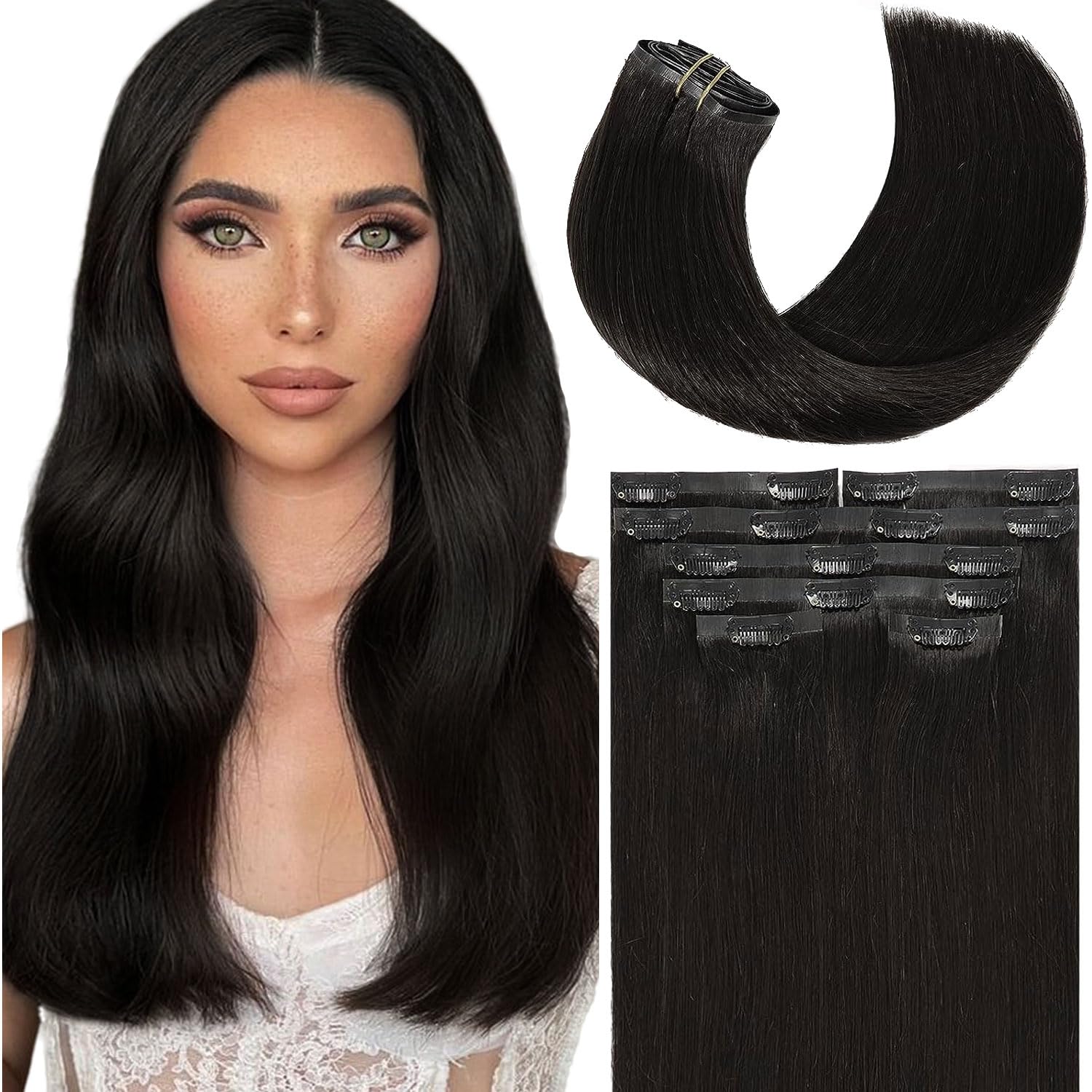 Anrosa 22Inch 8Pcs Straight Seamless Clip-in Human Hair Extensions - 100% Remy Human Hair, Natural Black, Double PU Weft for Thicker Fuller Hair (110g) - Perfect for Daily Styling, Parties & Special Occasions