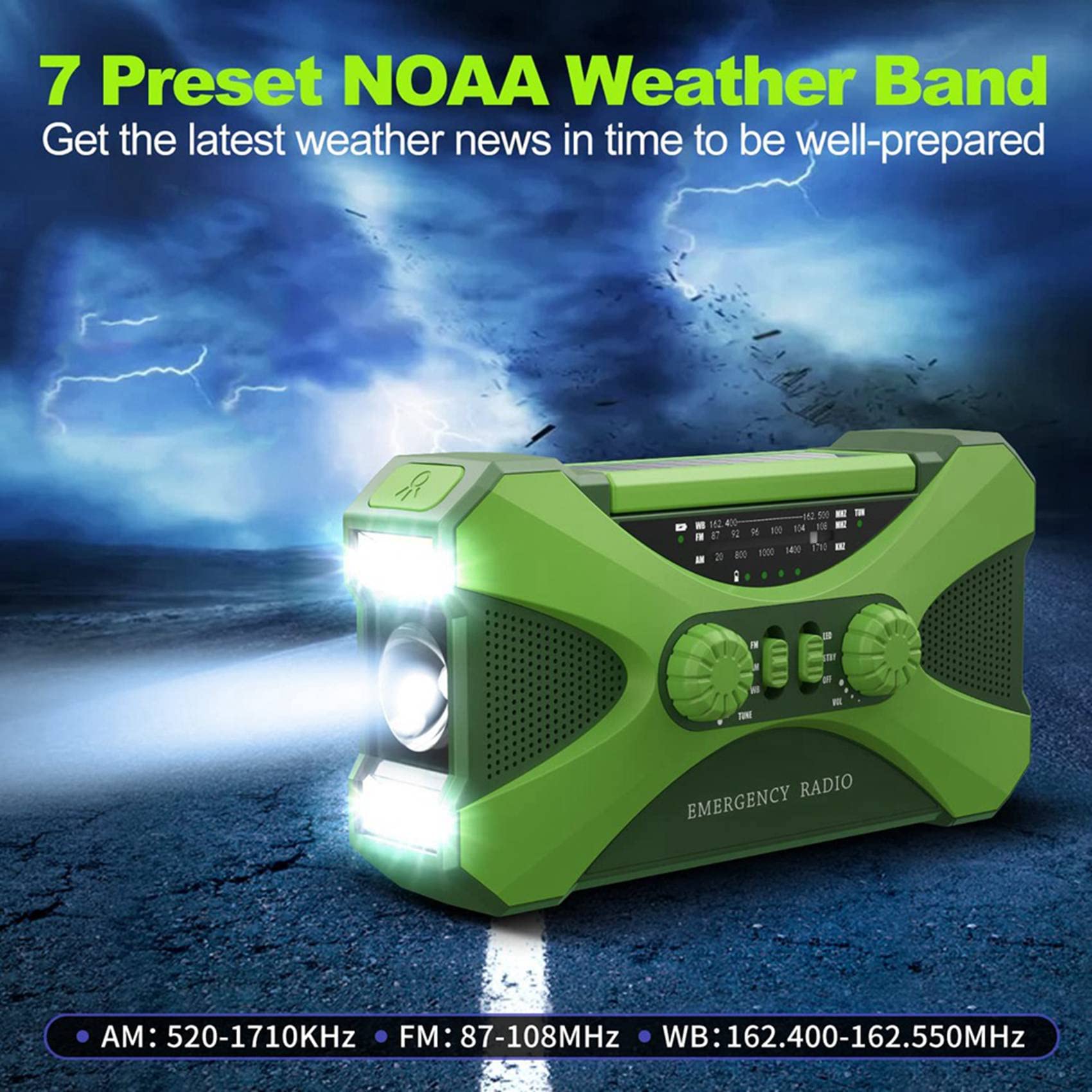 VENEKA 3X 10000mAh Solar Hand Crank Emergency Radio with Phone Charger & LED Flashlight - Portable Power Bank for Outdoor Camping, Hiking, and Emergency Preparedness (Green)