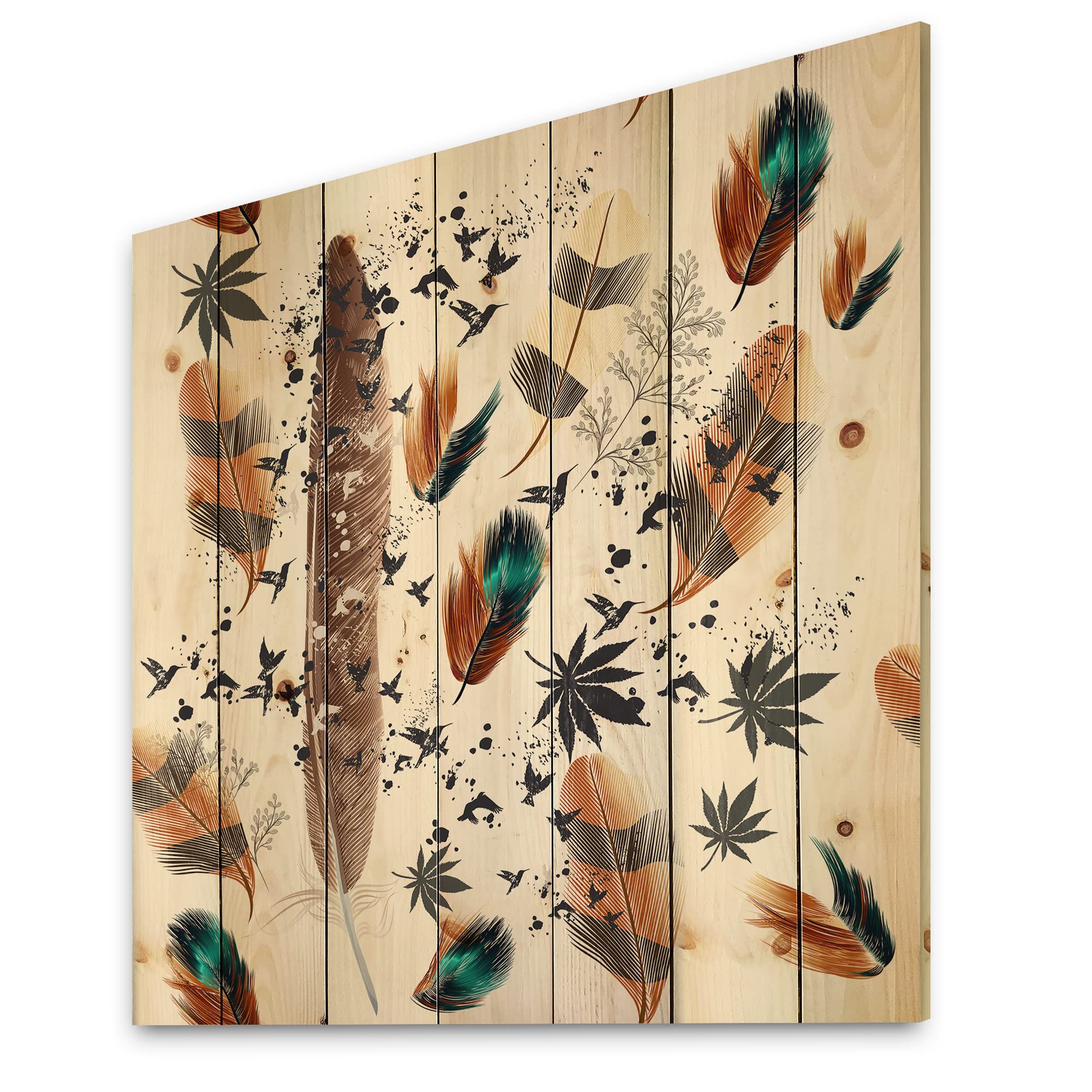 Bohemian Wood Wall Art - Multicolored Feather Pattern Wooden Wall Decor, Large Animal Print Panels on Natural Pine Wood | Perfect for Living Room, Bedroom & Eclectic Home Decor