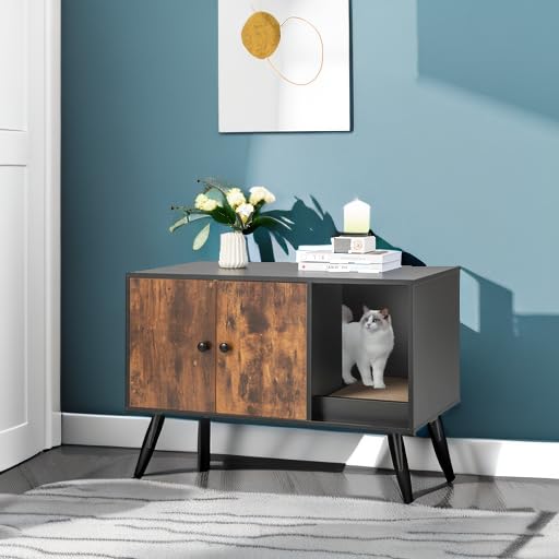 Tangkula Enclosed Cat Litter Box Furniture with Divider, Scratching Pad & Metal Legs - Hidden Litter Box Cabinet with Double Doors for Large Cats (Rustic Brown) | Perfect for Living Rooms, Bedrooms & Small Spaces
