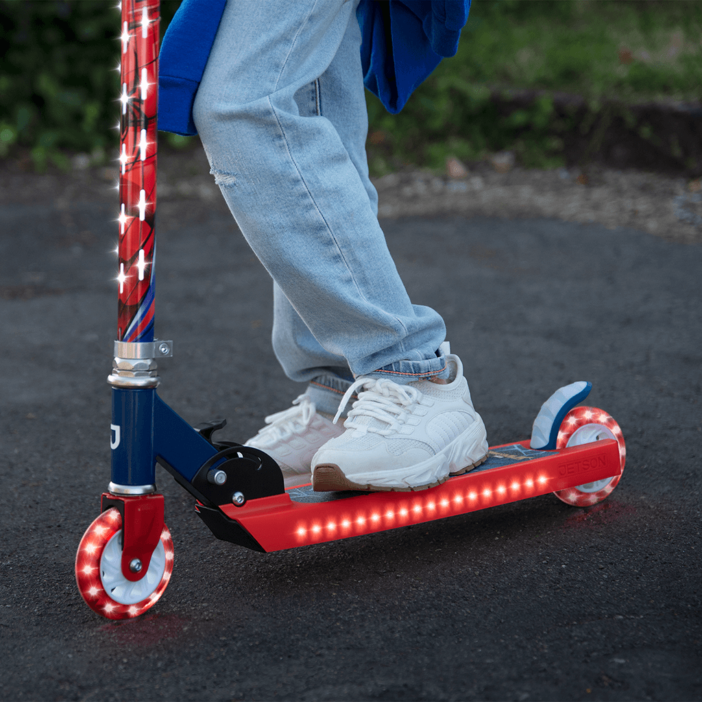 Spider-Man Kids Kick Scooter - 3 Wheel LED Light Up Scooter for Boys & Girls Ages 5-12 - Foldable & Adjustable Height for Outdoor Play, Commuting, and Neighborhood Fun