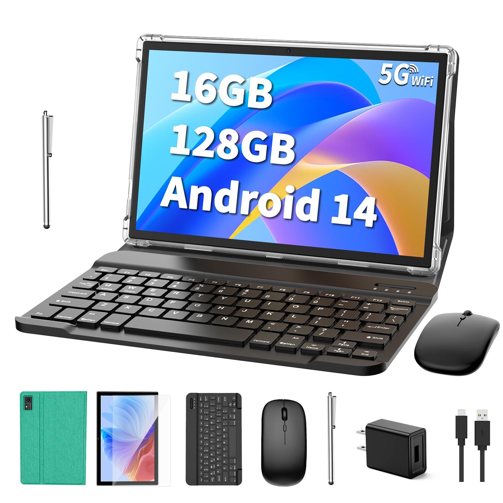 Android 14 Tablet 10 Inch with Keyboard - 16GB RAM 128GB Storage 1TB Expandable - Octa-Core Processor, 2.4G/5G WiFi, 8000mAh Battery - BT 5.0, GMS Certified, IPS Touch Screen, GPS - Includes Case, Mouse & Stylus (Green) - Perfect for Work, Study & Entertainment